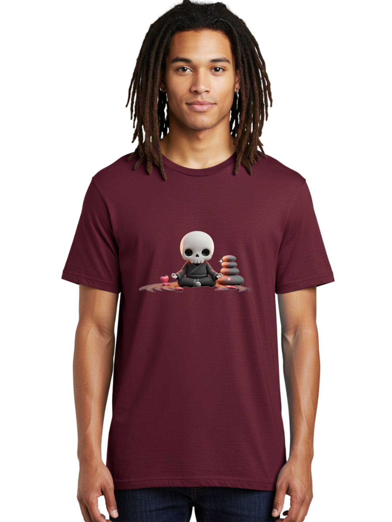 Skull-In-Meditation Men'S Graphic Tee, 100% Cotton, Comfortable Casual Summer Wear, Machine Washable, Meditating Skull, Zen Rocks, Balance And Harmony, Peaceful Atmosphere, Lotus Position, Mindfulness, Meditation, Zen Stones, Calmness, Bad589