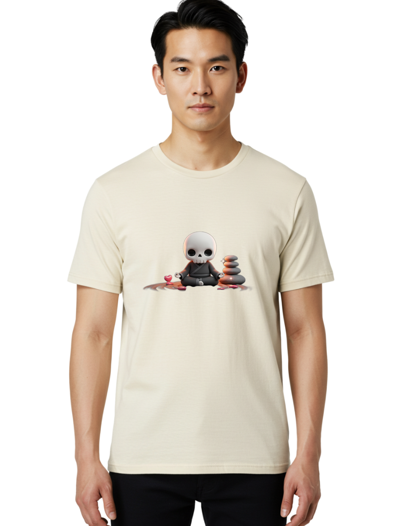 Skull-In-Meditation Men'S Graphic Tee, 100% Cotton, Comfortable Casual Summer Wear, Machine Washable, Meditating Skull, Zen Rocks, Balance And Harmony, Peaceful Atmosphere, Lotus Position, Mindfulness, Meditation, Zen Stones, Calmness, Bad589