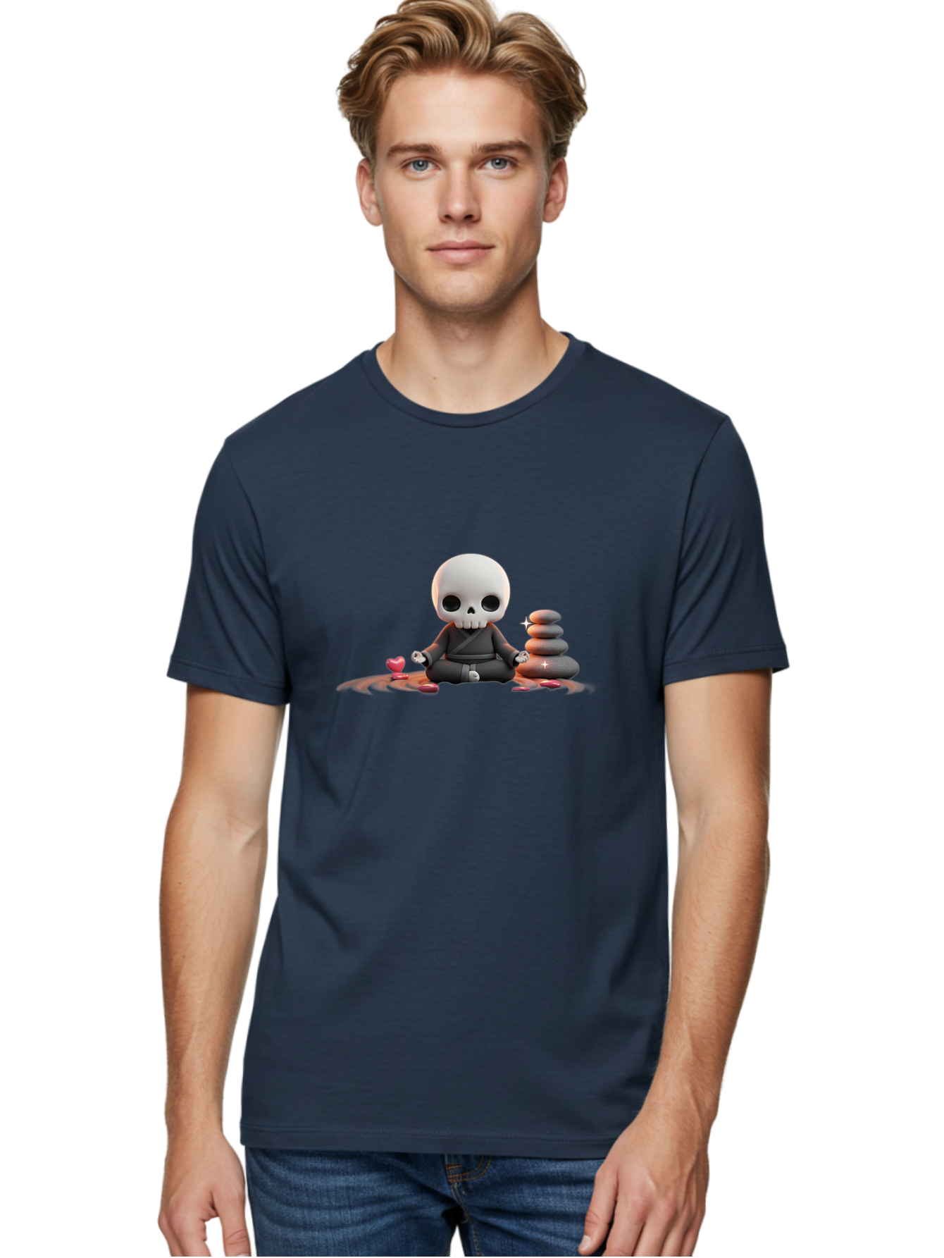 Skull-In-Meditation Men'S Graphic Tee, 100% Cotton, Comfortable Casual Summer Wear, Machine Washable, Meditating Skull, Zen Rocks, Balance And Harmony, Peaceful Atmosphere, Lotus Position, Mindfulness, Meditation, Zen Stones, Calmness, Bad589