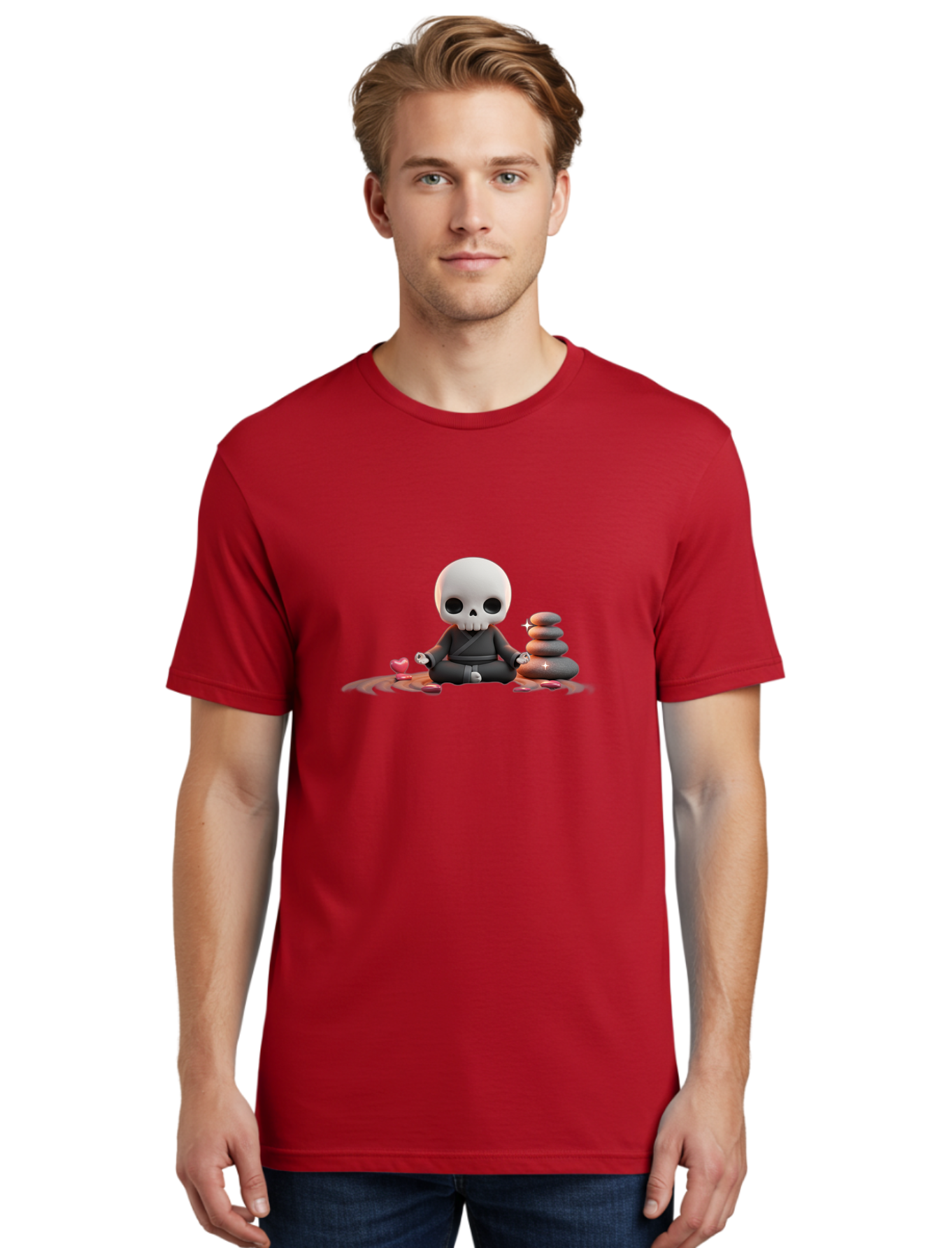Skull-In-Meditation Men'S Graphic Tee, 100% Cotton, Comfortable Casual Summer Wear, Machine Washable, Meditating Skull, Zen Rocks, Balance And Harmony, Peaceful Atmosphere, Lotus Position, Mindfulness, Meditation, Zen Stones, Calmness, Bad589
