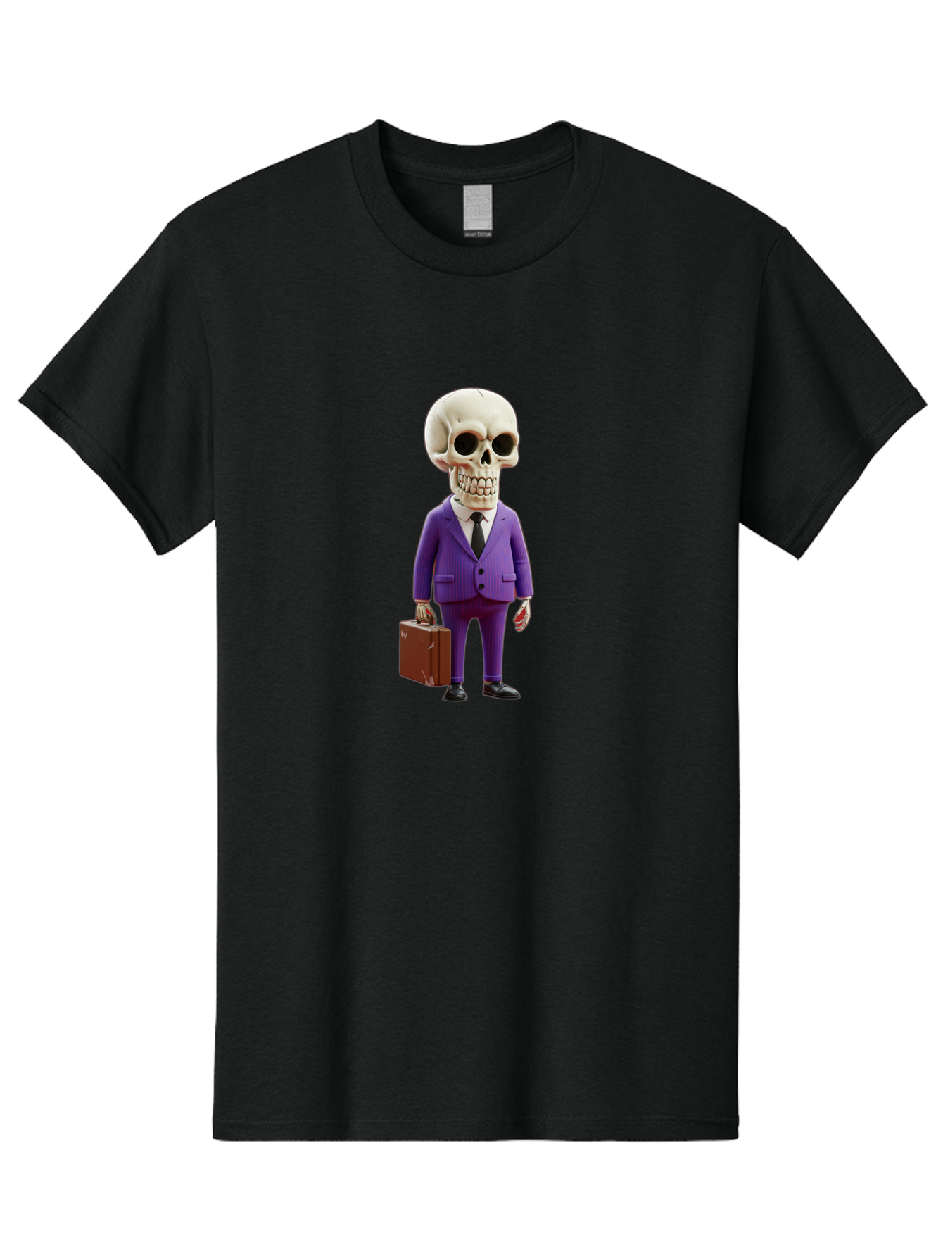 Skull-In-Suit-1 Men'S Graphic Tee, 100% Cotton, Comfortable Casual Summer Wear, Machine Washable, Skeleton In Purple Suit, Briefcase In Hand, Corporate Attire, Skeleton Character, Business Skull, Formal Wear, Human Skull, Office Setting, Bad590