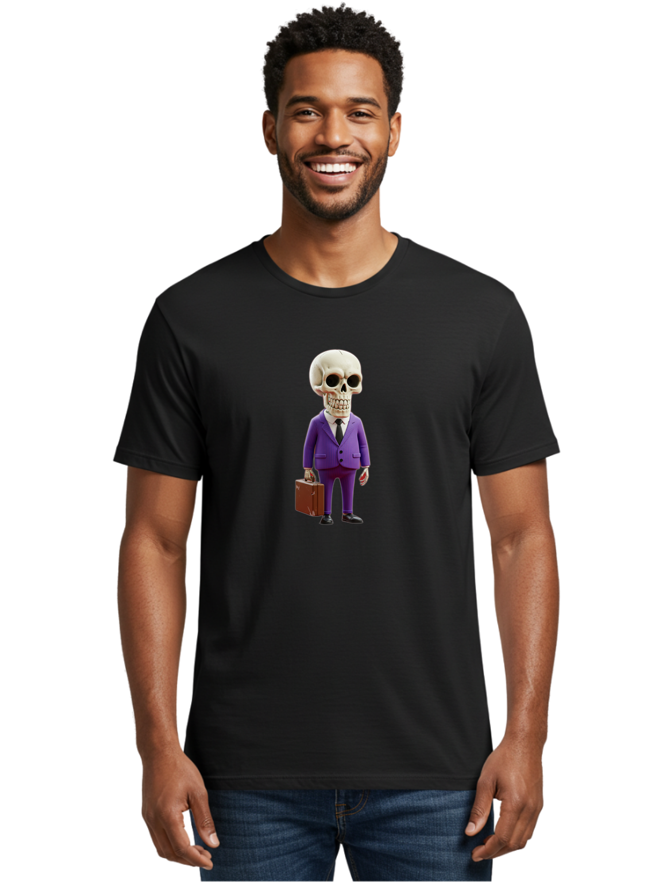 Skull-In-Suit-1 Men'S Graphic Tee, 100% Cotton, Comfortable Casual Summer Wear, Machine Washable, Skeleton In Purple Suit, Briefcase In Hand, Corporate Attire, Skeleton Character, Business Skull, Formal Wear, Human Skull, Office Setting, Bad590