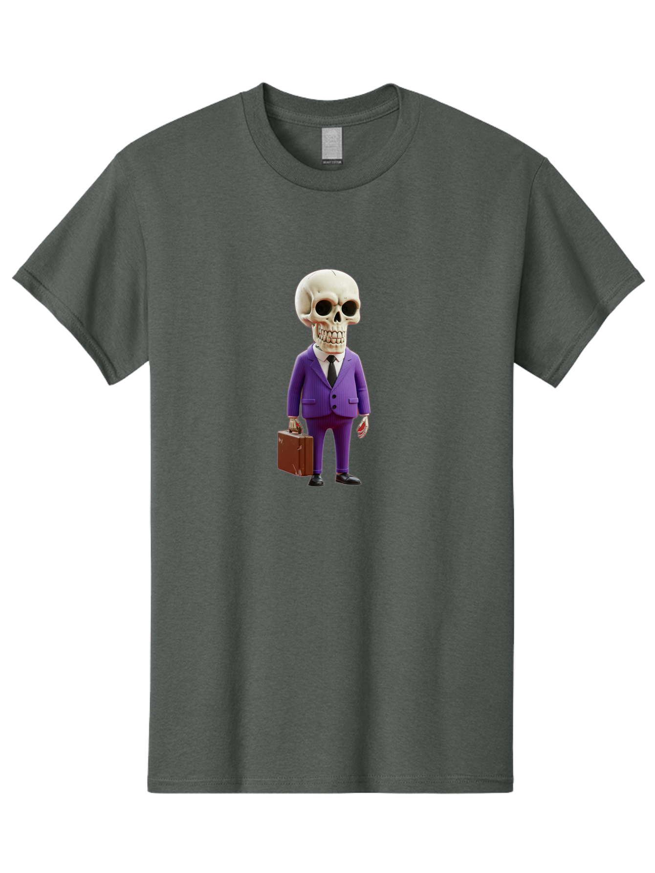 Skull-In-Suit-1 Men'S Graphic Tee, 100% Cotton, Comfortable Casual Summer Wear, Machine Washable, Skeleton In Purple Suit, Briefcase In Hand, Corporate Attire, Skeleton Character, Business Skull, Formal Wear, Human Skull, Office Setting, Bad590