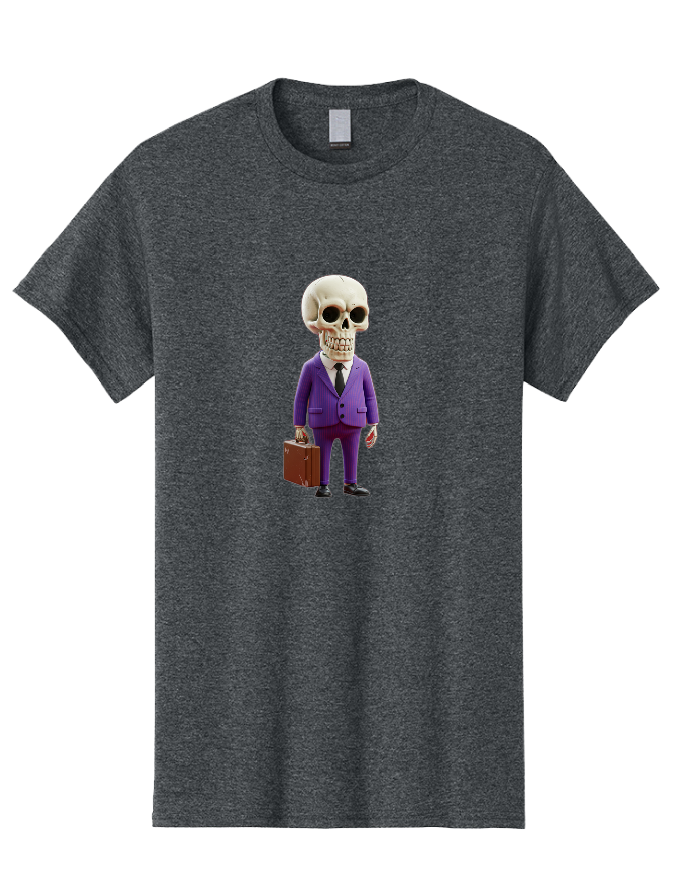 Skull-In-Suit-1 Men'S Graphic Tee, 100% Cotton, Comfortable Casual Summer Wear, Machine Washable, Skeleton In Purple Suit, Briefcase In Hand, Corporate Attire, Skeleton Character, Business Skull, Formal Wear, Human Skull, Office Setting, Bad590