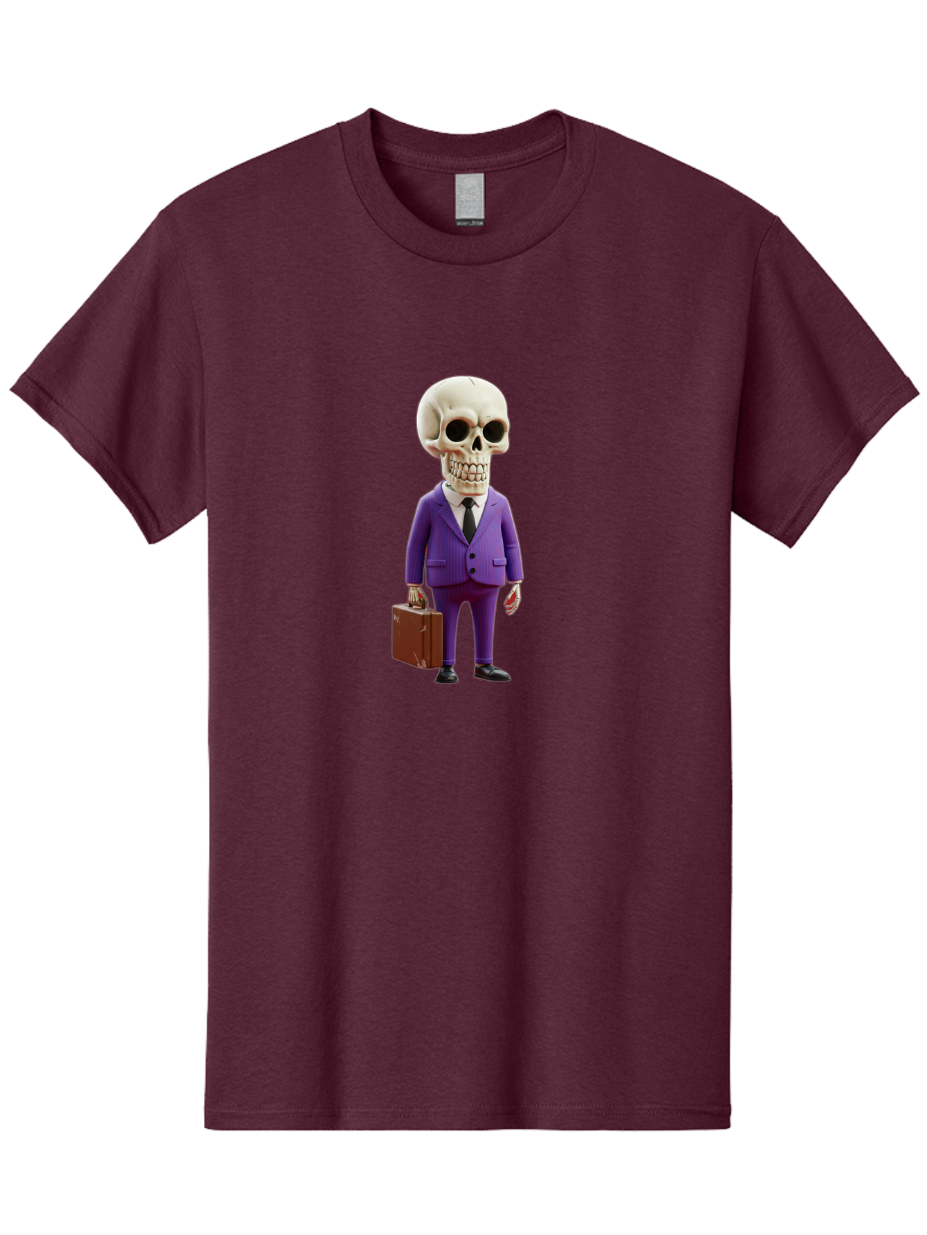 Skull-In-Suit-1 Men'S Graphic Tee, 100% Cotton, Comfortable Casual Summer Wear, Machine Washable, Skeleton In Purple Suit, Briefcase In Hand, Corporate Attire, Skeleton Character, Business Skull, Formal Wear, Human Skull, Office Setting, Bad590