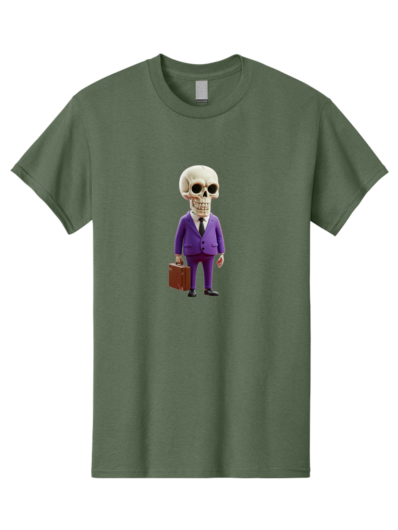 Skull-In-Suit-1 Men'S Graphic Tee, 100% Cotton, Comfortable Casual Summer Wear, Machine Washable, Skeleton In Purple Suit, Briefcase In Hand, Corporate Attire, Skeleton Character, Business Skull, Formal Wear, Human Skull, Office Setting, Bad590