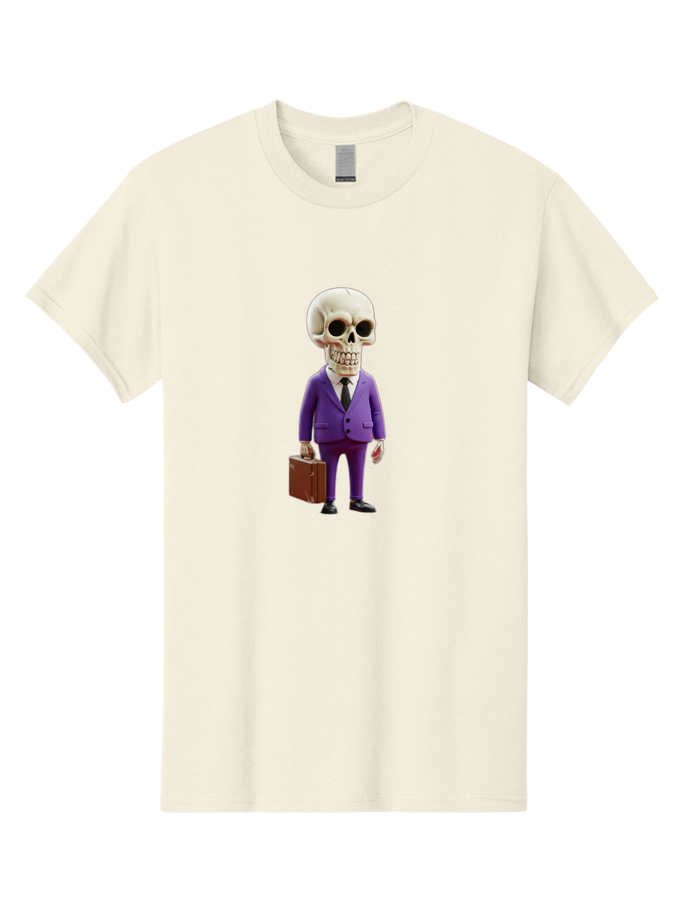 Skull-In-Suit-1 Men'S Graphic Tee, 100% Cotton, Comfortable Casual Summer Wear, Machine Washable, Skeleton In Purple Suit, Briefcase In Hand, Corporate Attire, Skeleton Character, Business Skull, Formal Wear, Human Skull, Office Setting, Bad590