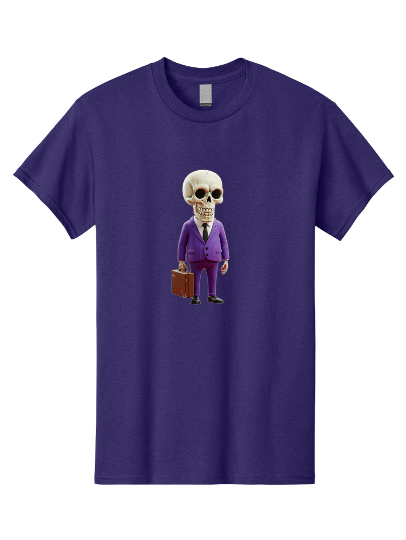 Skull-In-Suit-1 Men'S Graphic Tee, 100% Cotton, Comfortable Casual Summer Wear, Machine Washable, Skeleton In Purple Suit, Briefcase In Hand, Corporate Attire, Skeleton Character, Business Skull, Formal Wear, Human Skull, Office Setting, Bad590