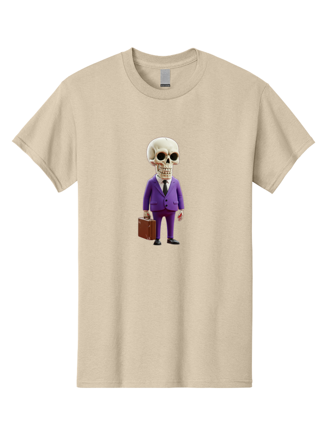 Skull-In-Suit-1 Men'S Graphic Tee, 100% Cotton, Comfortable Casual Summer Wear, Machine Washable, Skeleton In Purple Suit, Briefcase In Hand, Corporate Attire, Skeleton Character, Business Skull, Formal Wear, Human Skull, Office Setting, Bad590