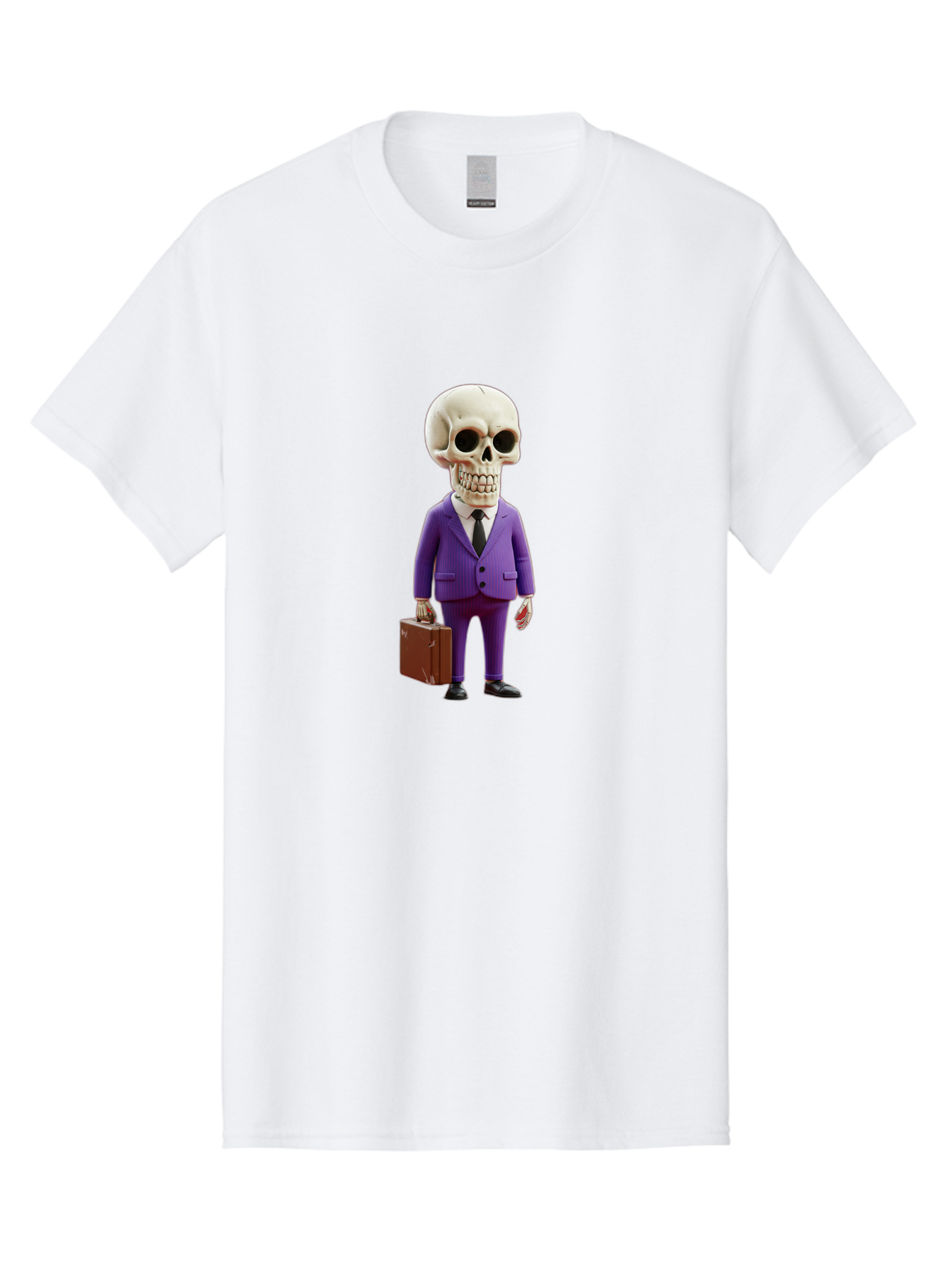 Skull-In-Suit-1 Men'S Graphic Tee, 100% Cotton, Comfortable Casual Summer Wear, Machine Washable, Skeleton In Purple Suit, Briefcase In Hand, Corporate Attire, Skeleton Character, Business Skull, Formal Wear, Human Skull, Office Setting, Bad590