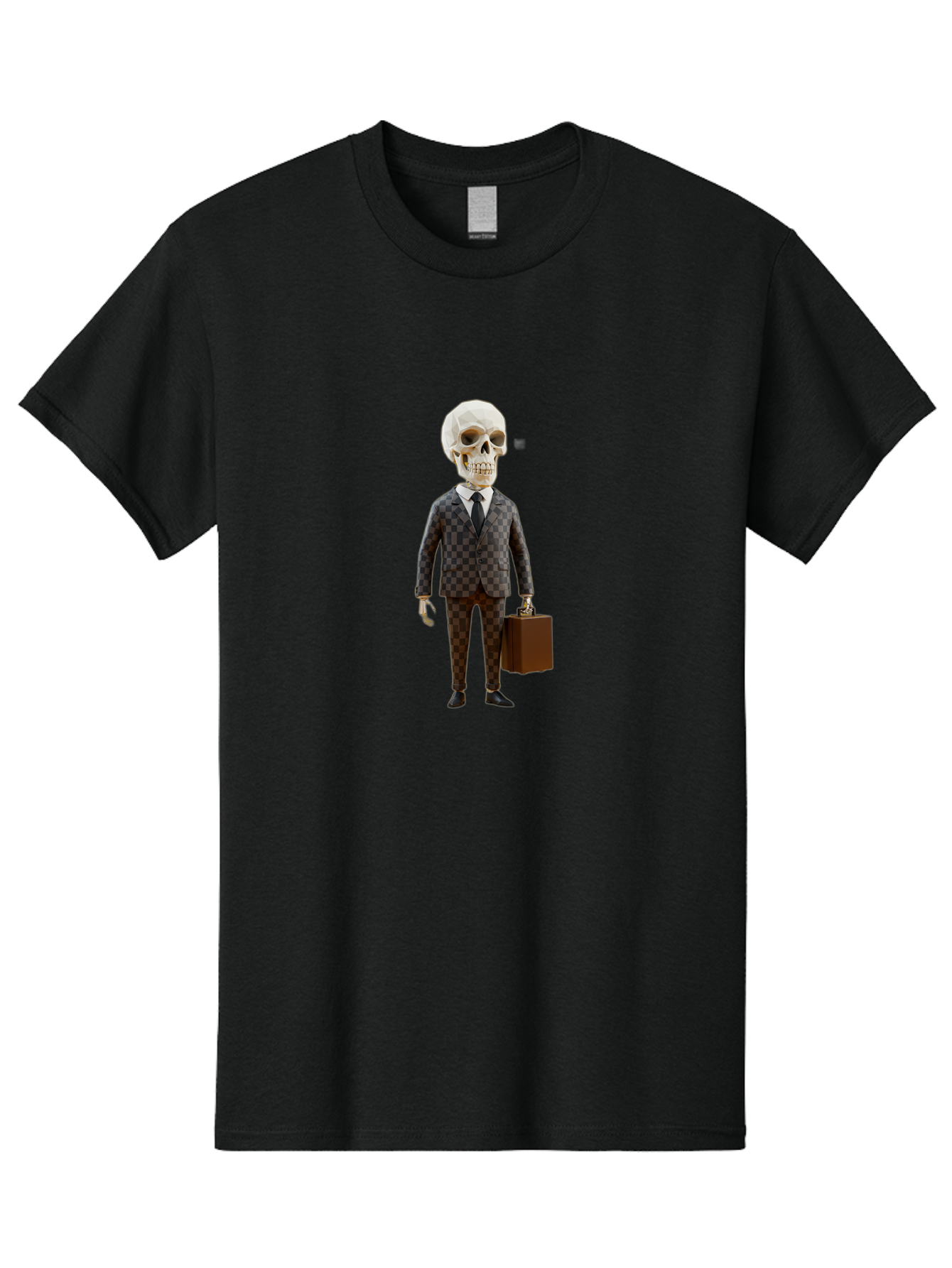 Skull-In-Suit-2 Men'S Graphic Tee, 100% Cotton, Comfortable Casual Summer Wear, Machine Washable, Skeleton In Business Attire, Checkered Suit, Briefcase, Black Tie, White Shirt, Formal Wear, Spooky Skeleton, Business Professional, Bad591