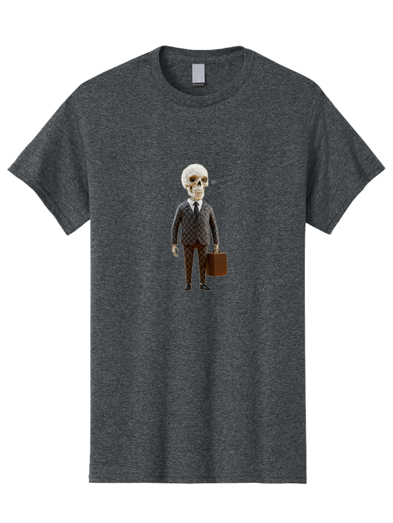 Skull-In-Suit-2 Men'S Graphic Tee, 100% Cotton, Comfortable Casual Summer Wear, Machine Washable, Skeleton In Business Attire, Checkered Suit, Briefcase, Black Tie, White Shirt, Formal Wear, Spooky Skeleton, Business Professional, Bad591