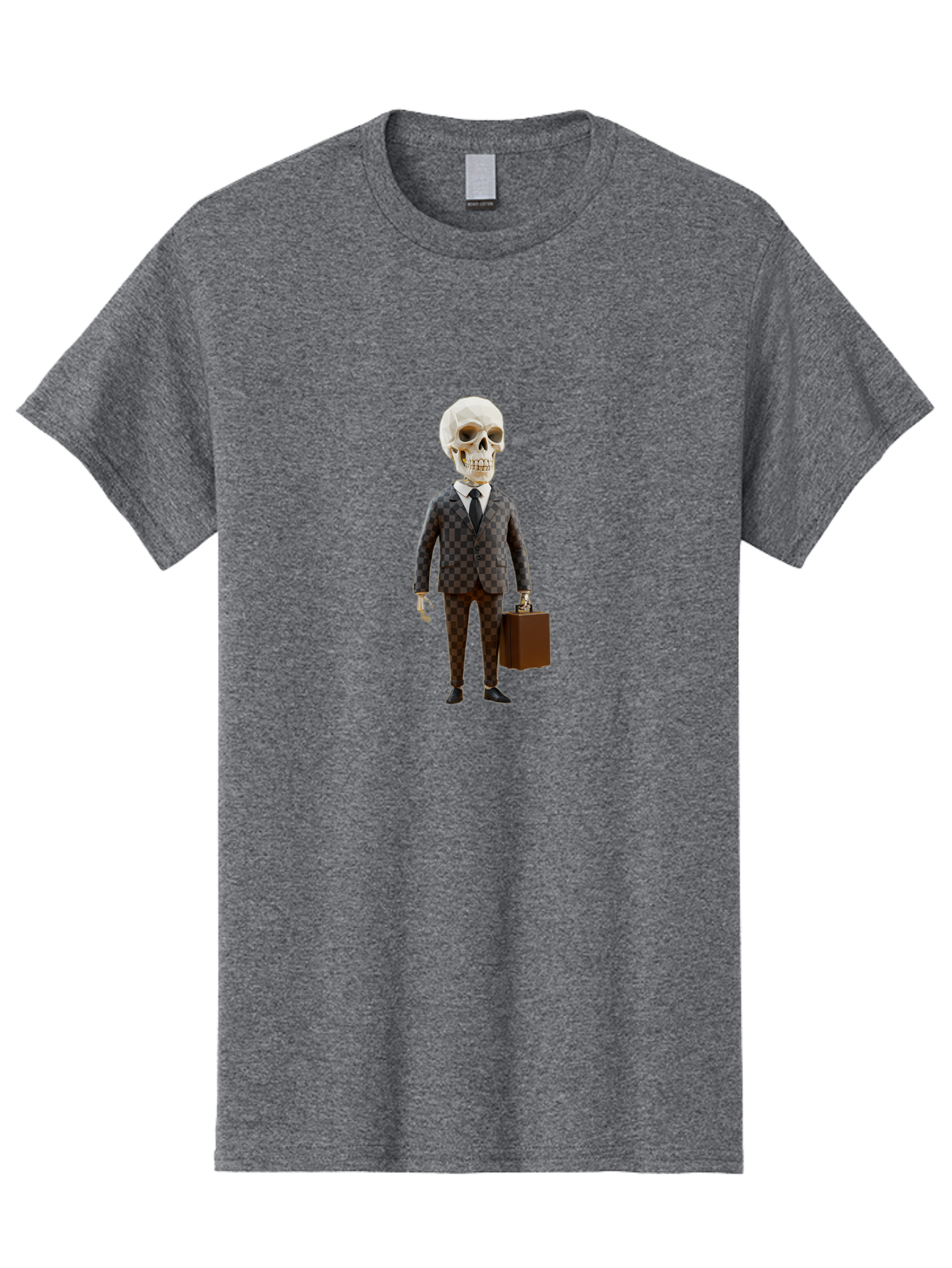 Skull-In-Suit-2 Men'S Graphic Tee, 100% Cotton, Comfortable Casual Summer Wear, Machine Washable, Skeleton In Business Attire, Checkered Suit, Briefcase, Black Tie, White Shirt, Formal Wear, Spooky Skeleton, Business Professional, Bad591