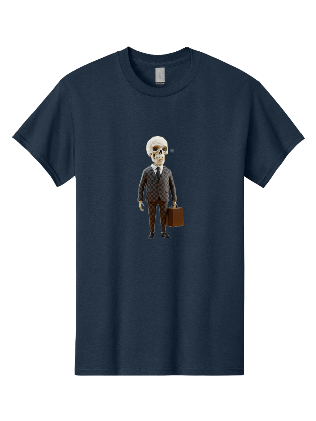 Skull-In-Suit-2 Men'S Graphic Tee, 100% Cotton, Comfortable Casual Summer Wear, Machine Washable, Skeleton In Business Attire, Checkered Suit, Briefcase, Black Tie, White Shirt, Formal Wear, Spooky Skeleton, Business Professional, Bad591