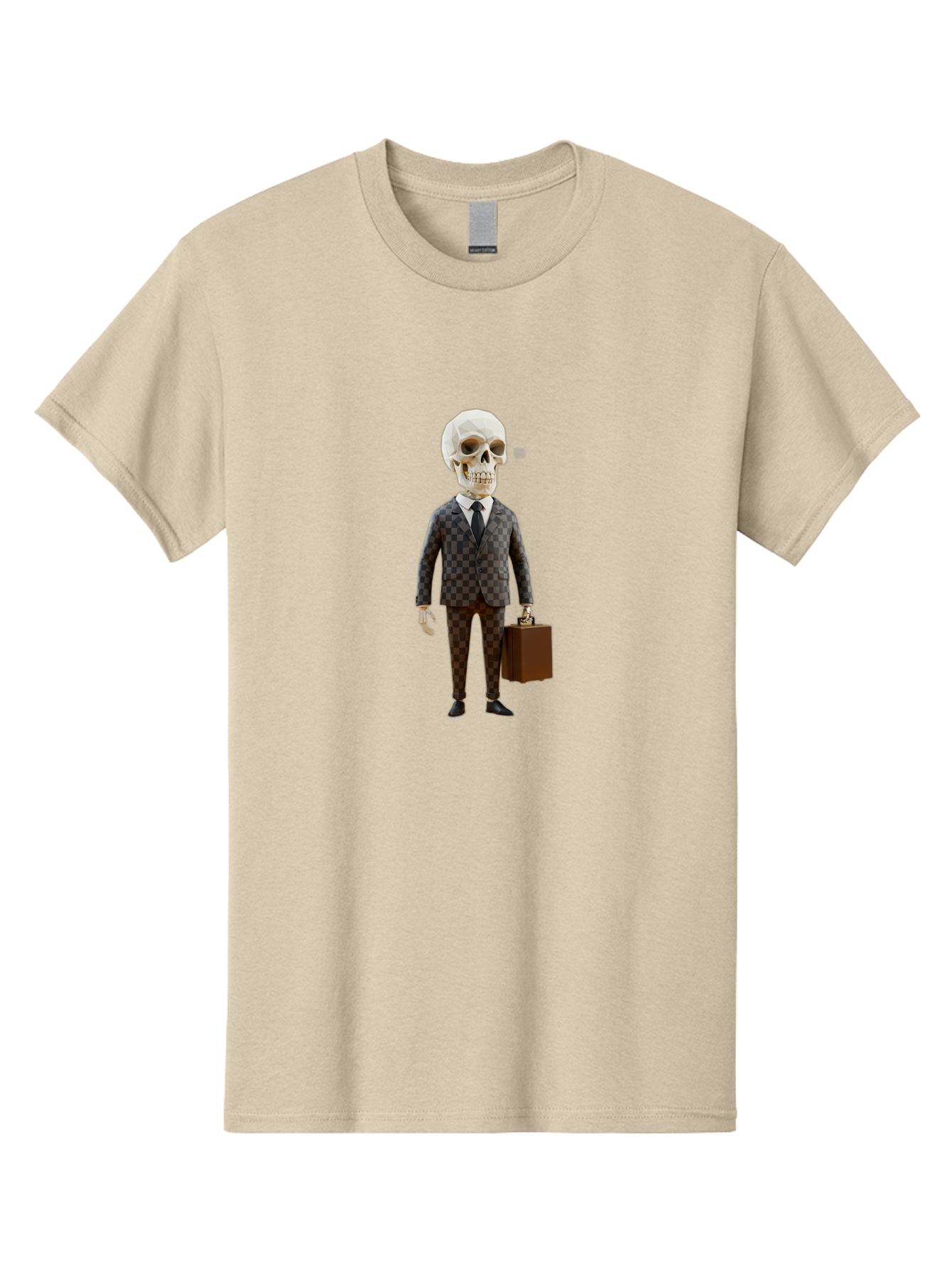 Skull-In-Suit-2 Men'S Graphic Tee, 100% Cotton, Comfortable Casual Summer Wear, Machine Washable, Skeleton In Business Attire, Checkered Suit, Briefcase, Black Tie, White Shirt, Formal Wear, Spooky Skeleton, Business Professional, Bad591