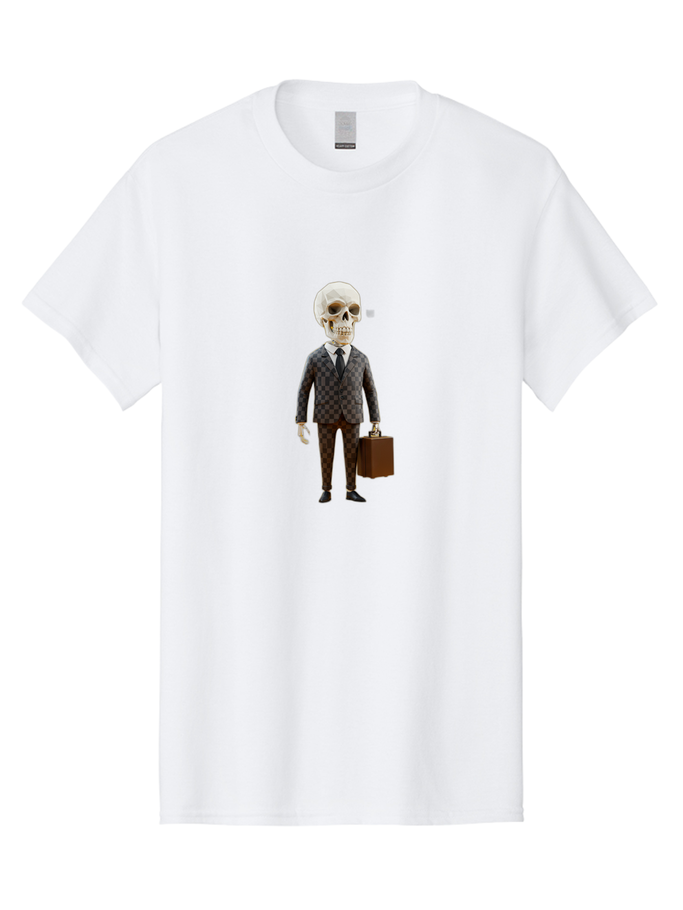 Skull-In-Suit-2 Men'S Graphic Tee, 100% Cotton, Comfortable Casual Summer Wear, Machine Washable, Skeleton In Business Attire, Checkered Suit, Briefcase, Black Tie, White Shirt, Formal Wear, Spooky Skeleton, Business Professional, Bad591