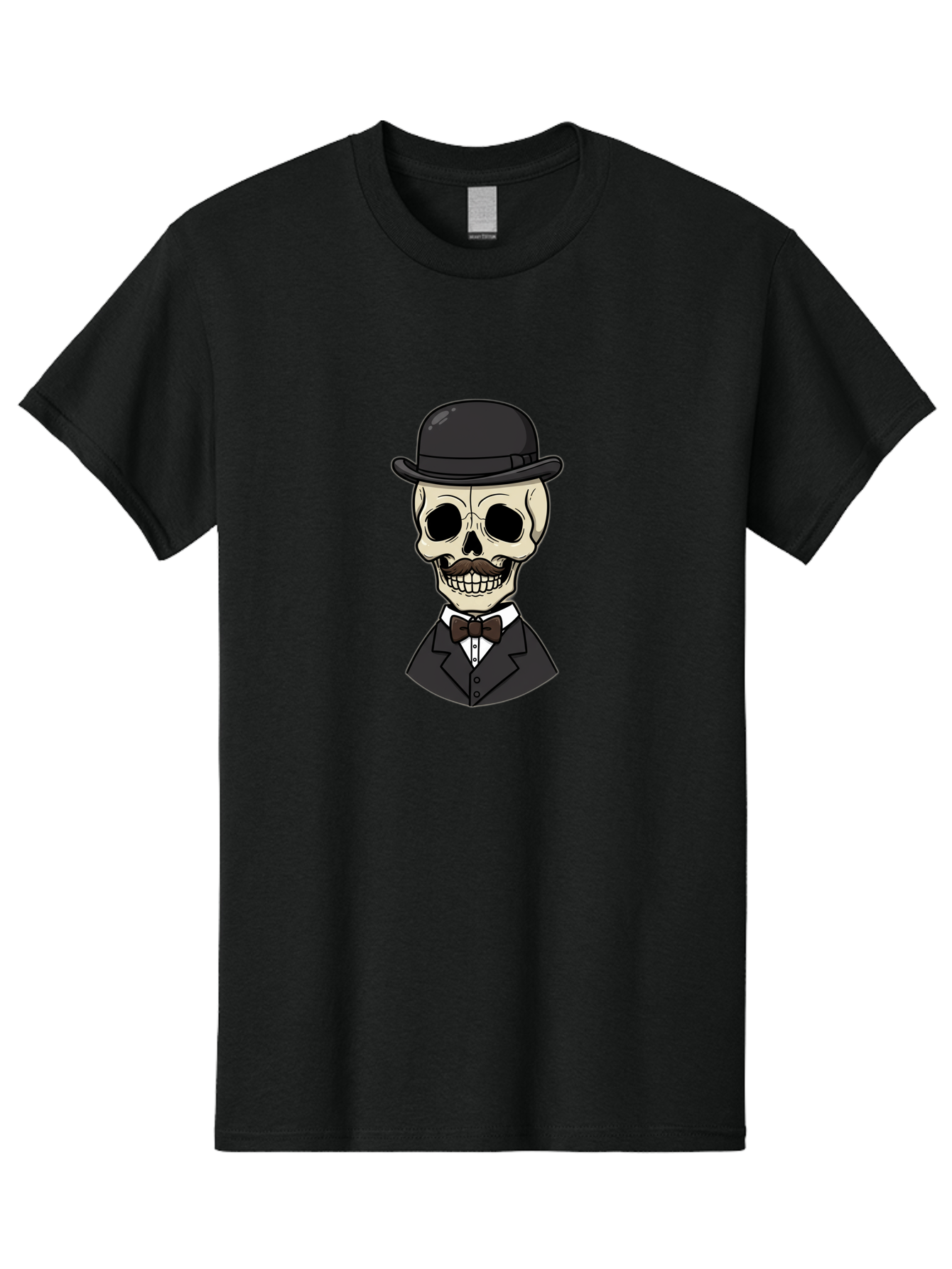 Skull-In-Suit Men'S Graphic Tee, 100% Cotton, Comfortable Casual Summer Wear, Machine Washable, Cartoon Skull, Bowler Hat, Black Suit, Bow Tie, White Shirt, Death Style, Gothic Fashion, Spooky Character, Halloween Theme, Skeleton Illustration, Bad592