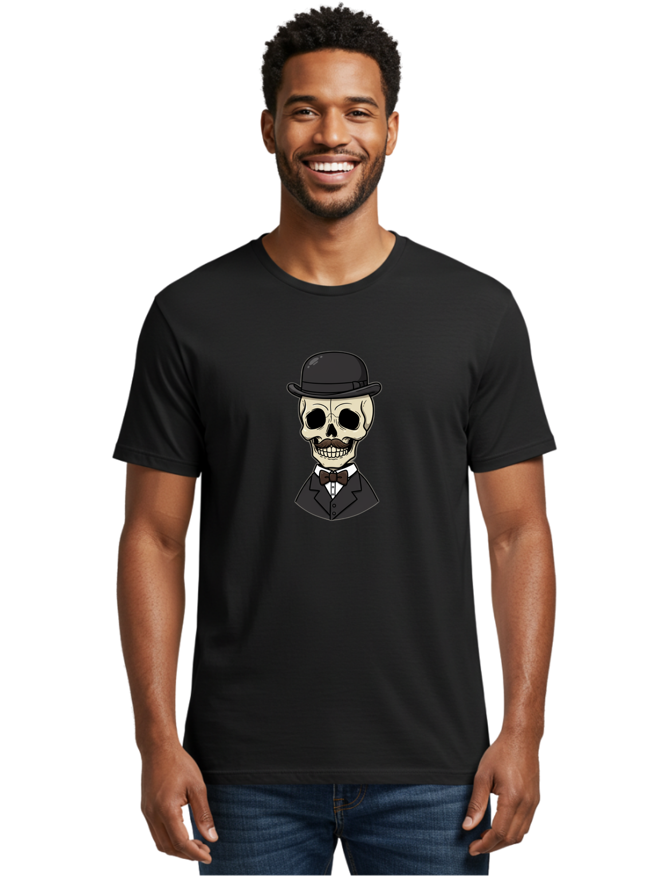 Skull-In-Suit Men'S Graphic Tee, 100% Cotton, Comfortable Casual Summer Wear, Machine Washable, Cartoon Skull, Bowler Hat, Black Suit, Bow Tie, White Shirt, Death Style, Gothic Fashion, Spooky Character, Halloween Theme, Skeleton Illustration, Bad592