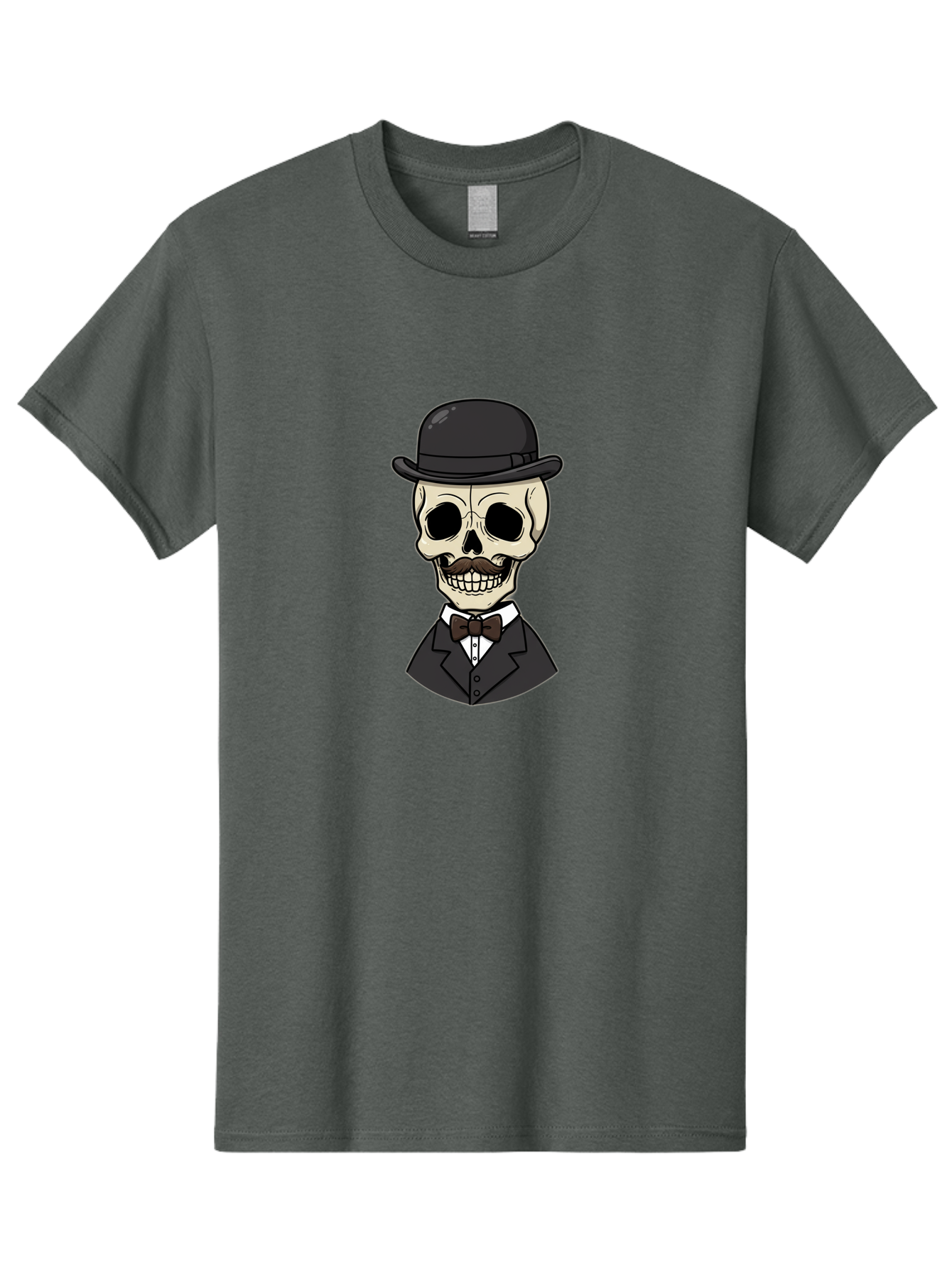 Skull-In-Suit Men'S Graphic Tee, 100% Cotton, Comfortable Casual Summer Wear, Machine Washable, Cartoon Skull, Bowler Hat, Black Suit, Bow Tie, White Shirt, Death Style, Gothic Fashion, Spooky Character, Halloween Theme, Skeleton Illustration, Bad592