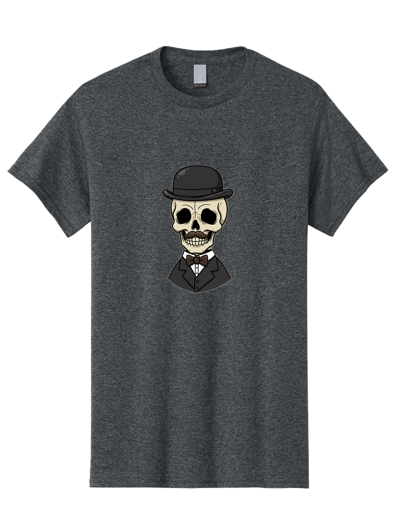 Skull-In-Suit Men'S Graphic Tee, 100% Cotton, Comfortable Casual Summer Wear, Machine Washable, Cartoon Skull, Bowler Hat, Black Suit, Bow Tie, White Shirt, Death Style, Gothic Fashion, Spooky Character, Halloween Theme, Skeleton Illustration, Bad592