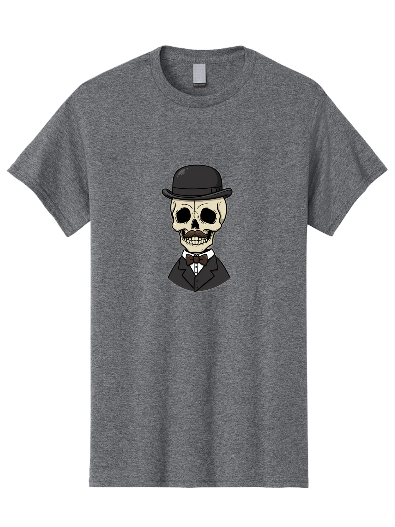 Skull-In-Suit Men'S Graphic Tee, 100% Cotton, Comfortable Casual Summer Wear, Machine Washable, Cartoon Skull, Bowler Hat, Black Suit, Bow Tie, White Shirt, Death Style, Gothic Fashion, Spooky Character, Halloween Theme, Skeleton Illustration, Bad592