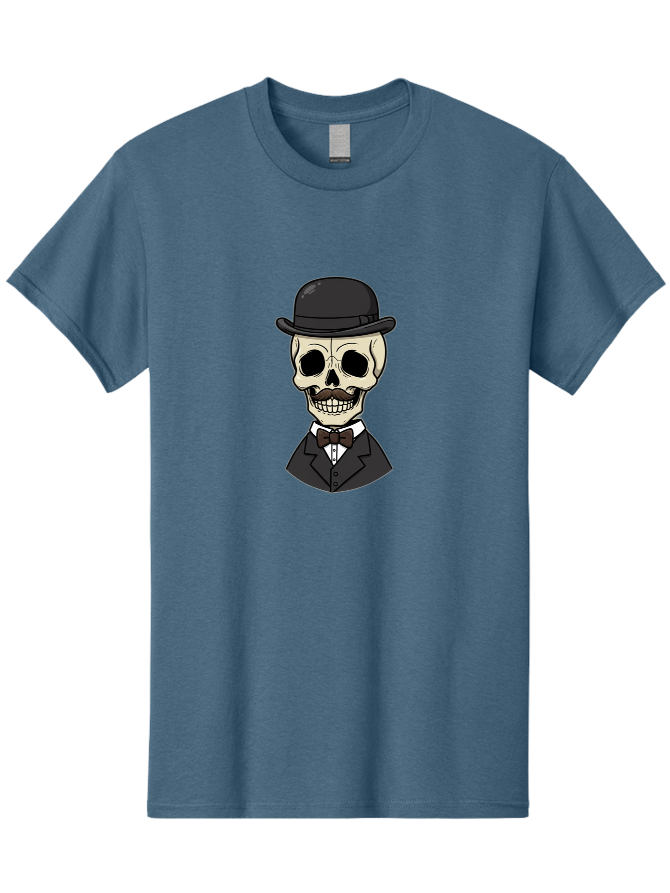 Skull-In-Suit Men'S Graphic Tee, 100% Cotton, Comfortable Casual Summer Wear, Machine Washable, Cartoon Skull, Bowler Hat, Black Suit, Bow Tie, White Shirt, Death Style, Gothic Fashion, Spooky Character, Halloween Theme, Skeleton Illustration, Bad592