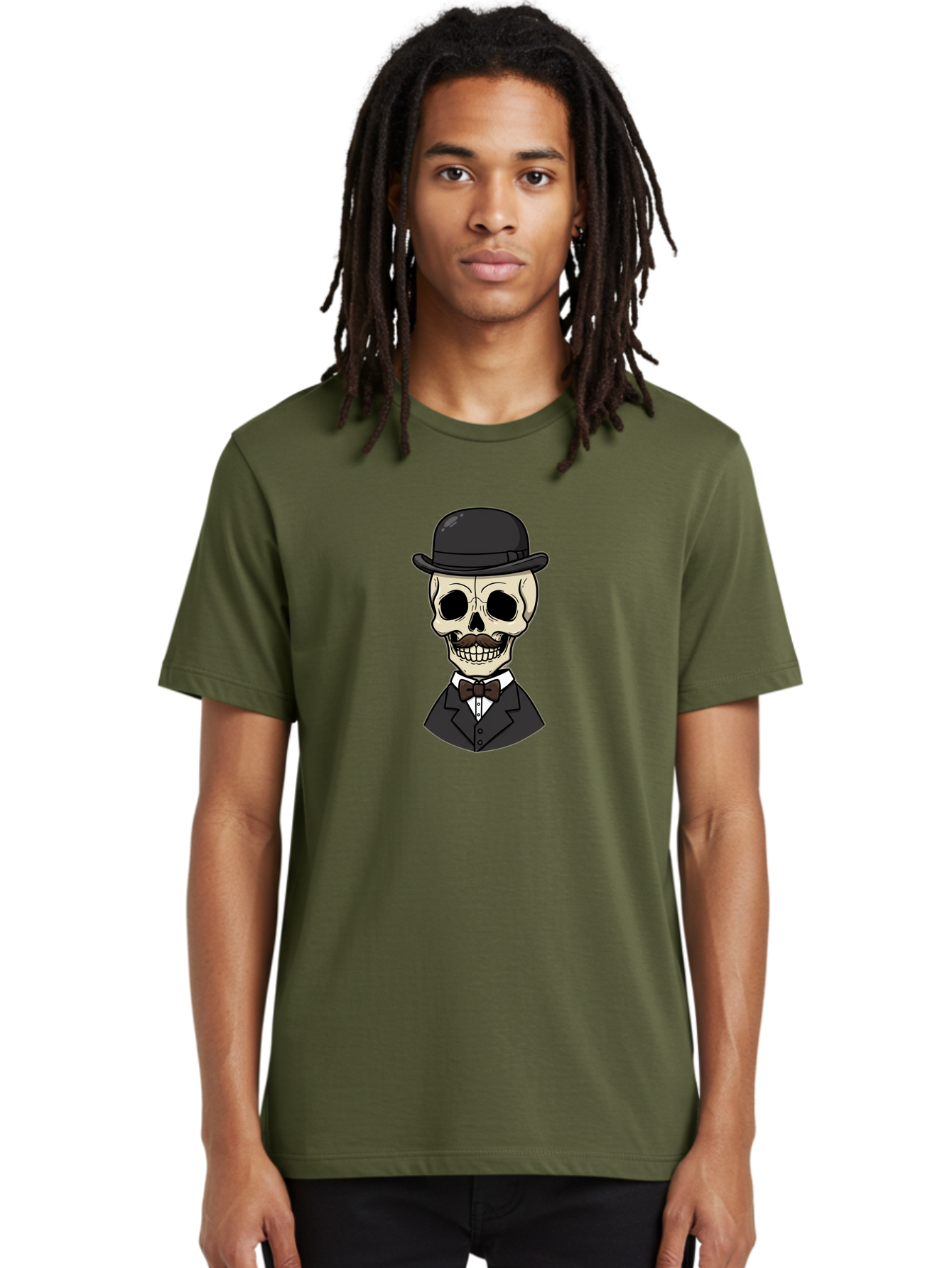 Skull-In-Suit Men'S Graphic Tee, 100% Cotton, Comfortable Casual Summer Wear, Machine Washable, Cartoon Skull, Bowler Hat, Black Suit, Bow Tie, White Shirt, Death Style, Gothic Fashion, Spooky Character, Halloween Theme, Skeleton Illustration, Bad592