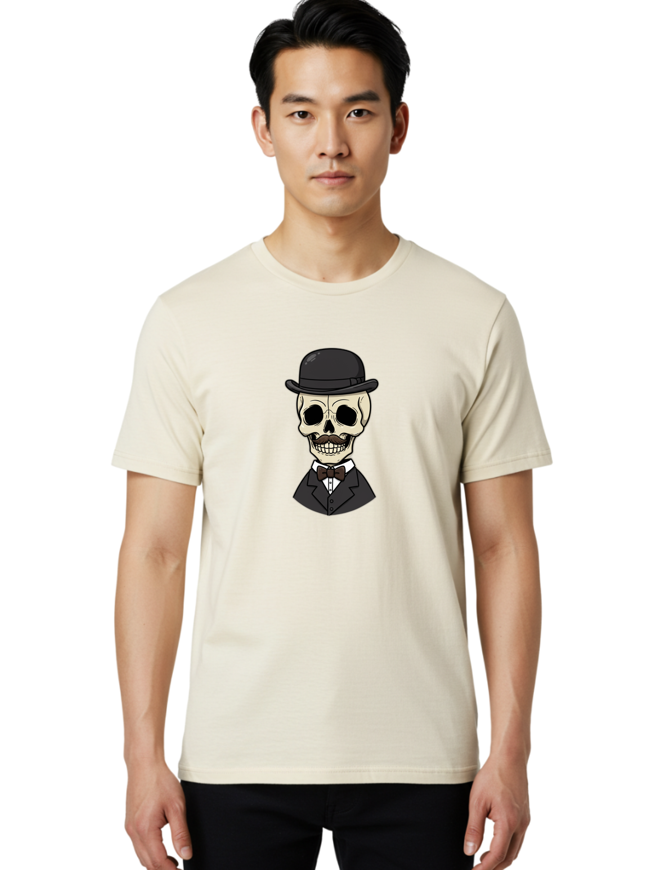 Skull-In-Suit Men'S Graphic Tee, 100% Cotton, Comfortable Casual Summer Wear, Machine Washable, Cartoon Skull, Bowler Hat, Black Suit, Bow Tie, White Shirt, Death Style, Gothic Fashion, Spooky Character, Halloween Theme, Skeleton Illustration, Bad592