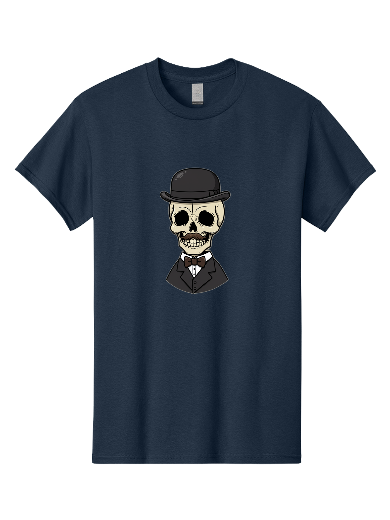 Skull-In-Suit Men'S Graphic Tee, 100% Cotton, Comfortable Casual Summer Wear, Machine Washable, Cartoon Skull, Bowler Hat, Black Suit, Bow Tie, White Shirt, Death Style, Gothic Fashion, Spooky Character, Halloween Theme, Skeleton Illustration, Bad592