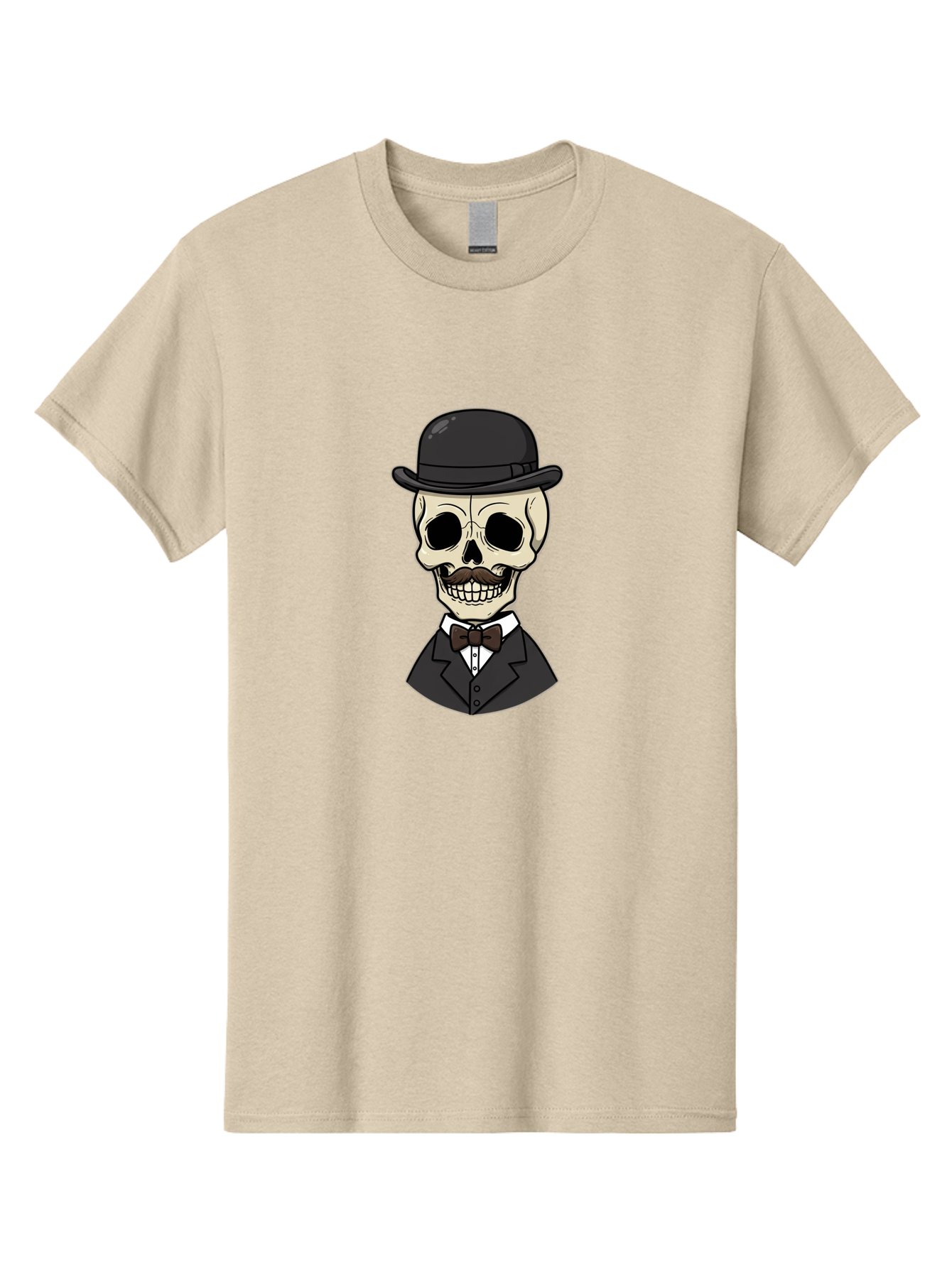 Skull-In-Suit Men'S Graphic Tee, 100% Cotton, Comfortable Casual Summer Wear, Machine Washable, Cartoon Skull, Bowler Hat, Black Suit, Bow Tie, White Shirt, Death Style, Gothic Fashion, Spooky Character, Halloween Theme, Skeleton Illustration, Bad592