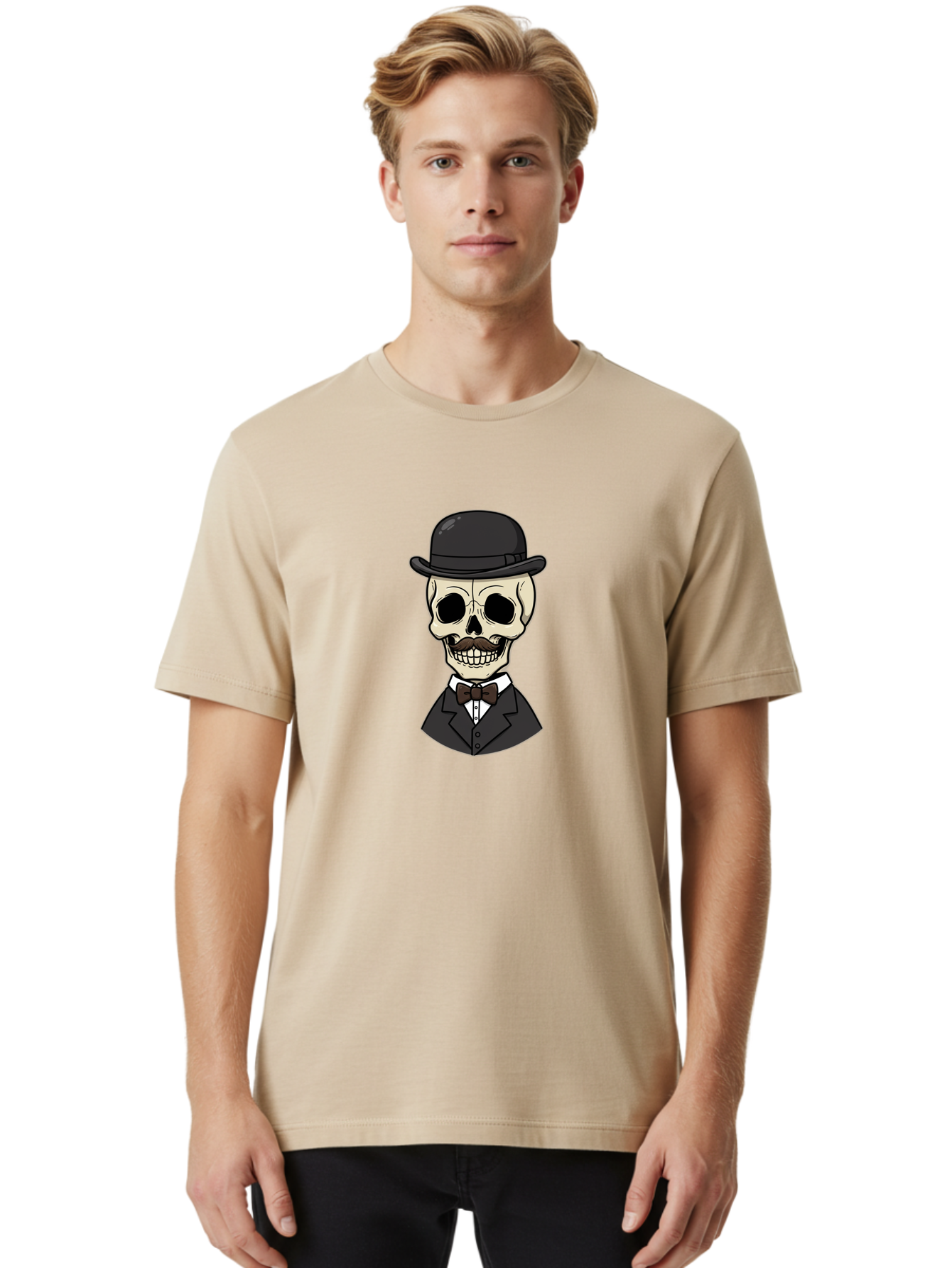 Skull-In-Suit Men'S Graphic Tee, 100% Cotton, Comfortable Casual Summer Wear, Machine Washable, Cartoon Skull, Bowler Hat, Black Suit, Bow Tie, White Shirt, Death Style, Gothic Fashion, Spooky Character, Halloween Theme, Skeleton Illustration, Bad592