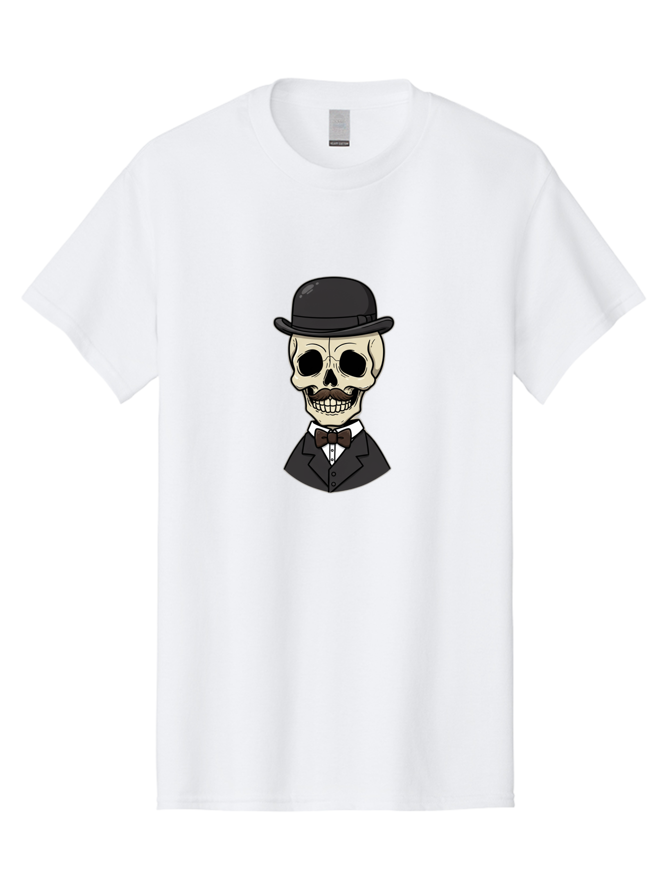 Skull-In-Suit Men'S Graphic Tee, 100% Cotton, Comfortable Casual Summer Wear, Machine Washable, Cartoon Skull, Bowler Hat, Black Suit, Bow Tie, White Shirt, Death Style, Gothic Fashion, Spooky Character, Halloween Theme, Skeleton Illustration, Bad592
