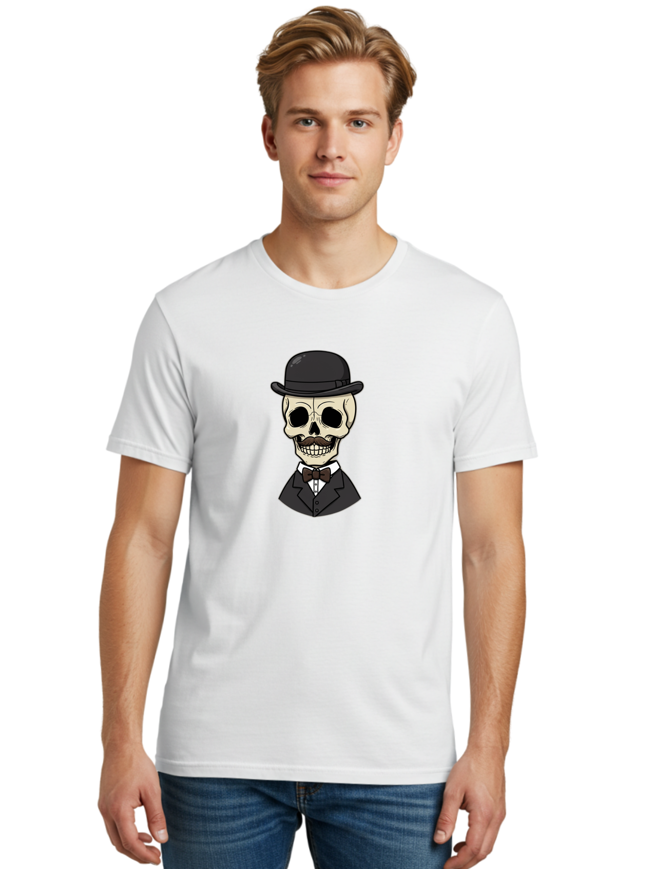 Skull-In-Suit Men'S Graphic Tee, 100% Cotton, Comfortable Casual Summer Wear, Machine Washable, Cartoon Skull, Bowler Hat, Black Suit, Bow Tie, White Shirt, Death Style, Gothic Fashion, Spooky Character, Halloween Theme, Skeleton Illustration, Bad592