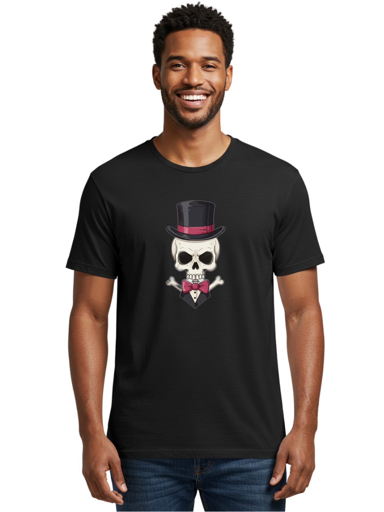 Skull-In-Top-Hat Men'S Graphic Tee, 100% Cotton, Comfortable Casual Summer Wear, Machine Washable, Skull, Crossbones, Top Hat, Bow Tie, Tuxedo, Formal Attire, Spooky, Halloween, Gothic Style, Dark Elegance, Macabre Charm Bad593