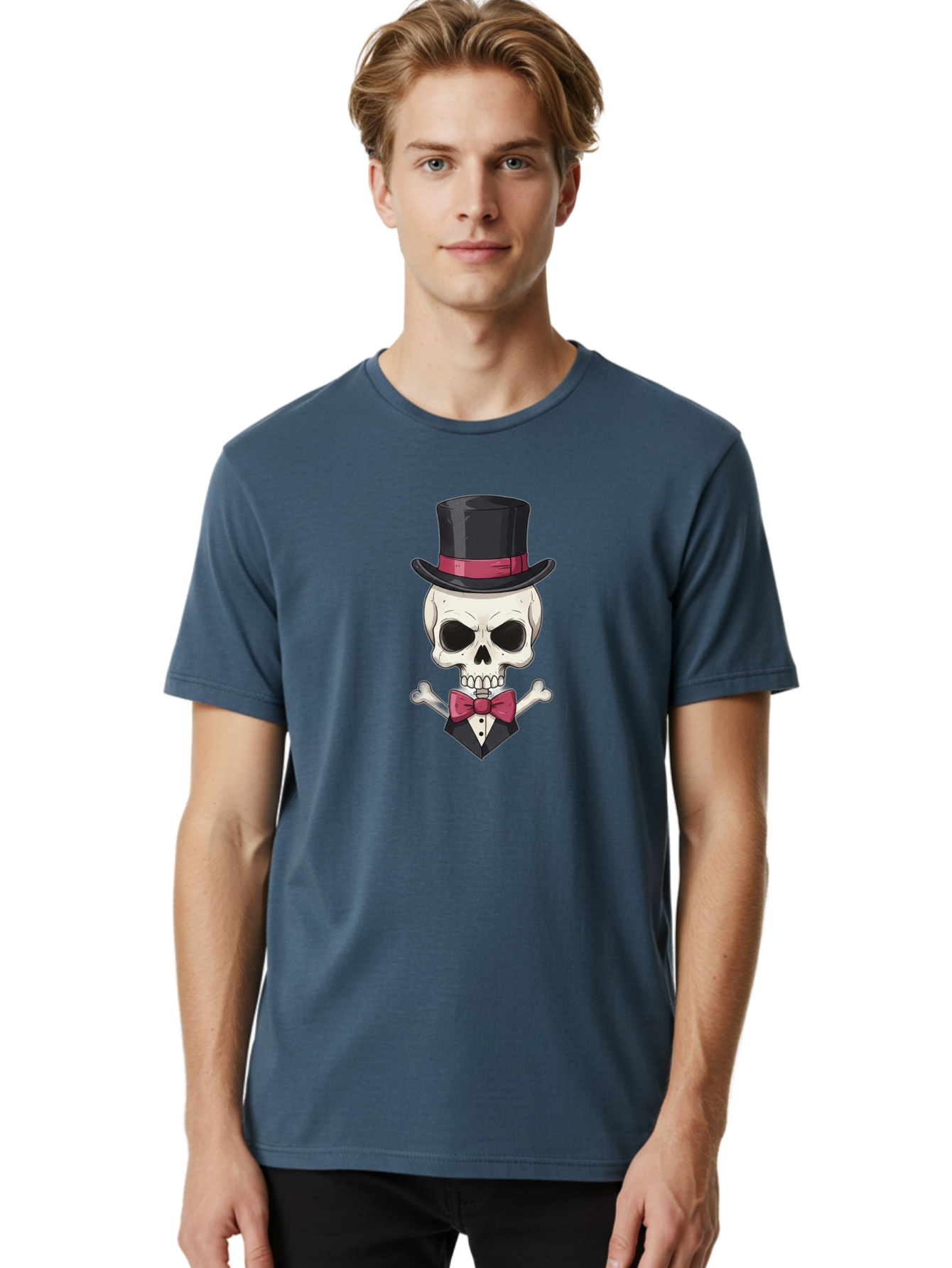 Skull-In-Top-Hat Men'S Graphic Tee, 100% Cotton, Comfortable Casual Summer Wear, Machine Washable, Skull, Crossbones, Top Hat, Bow Tie, Tuxedo, Formal Attire, Spooky, Halloween, Gothic Style, Dark Elegance, Macabre Charm Bad593