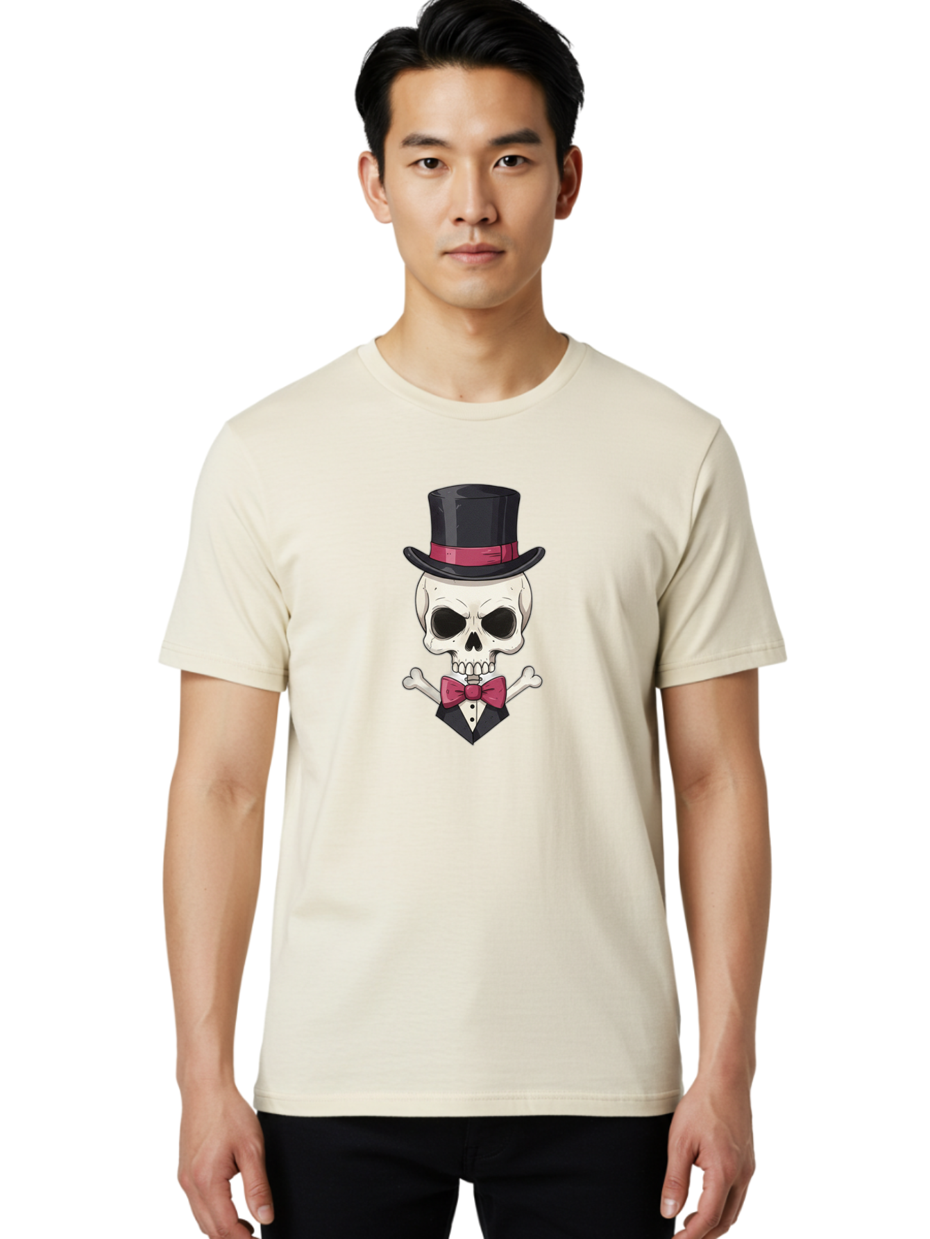 Skull-In-Top-Hat Men'S Graphic Tee, 100% Cotton, Comfortable Casual Summer Wear, Machine Washable, Skull, Crossbones, Top Hat, Bow Tie, Tuxedo, Formal Attire, Spooky, Halloween, Gothic Style, Dark Elegance, Macabre Charm Bad593