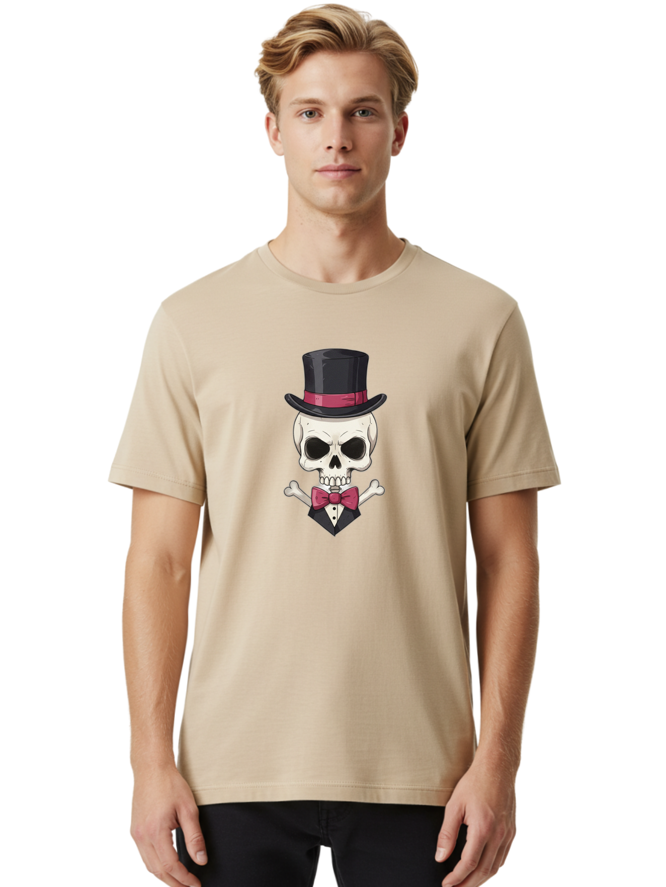 Skull-In-Top-Hat Men'S Graphic Tee, 100% Cotton, Comfortable Casual Summer Wear, Machine Washable, Skull, Crossbones, Top Hat, Bow Tie, Tuxedo, Formal Attire, Spooky, Halloween, Gothic Style, Dark Elegance, Macabre Charm Bad593