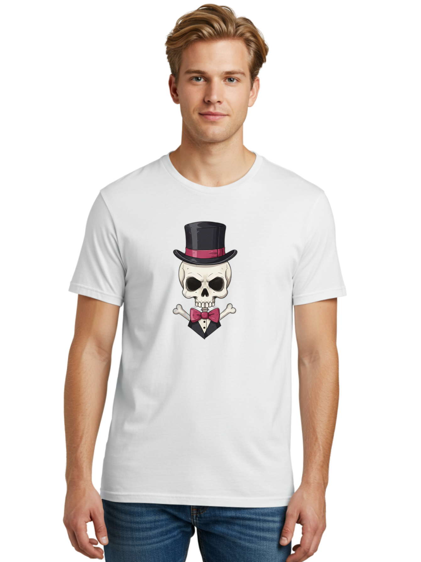 Skull-In-Top-Hat Men'S Graphic Tee, 100% Cotton, Comfortable Casual Summer Wear, Machine Washable, Skull, Crossbones, Top Hat, Bow Tie, Tuxedo, Formal Attire, Spooky, Halloween, Gothic Style, Dark Elegance, Macabre Charm Bad593