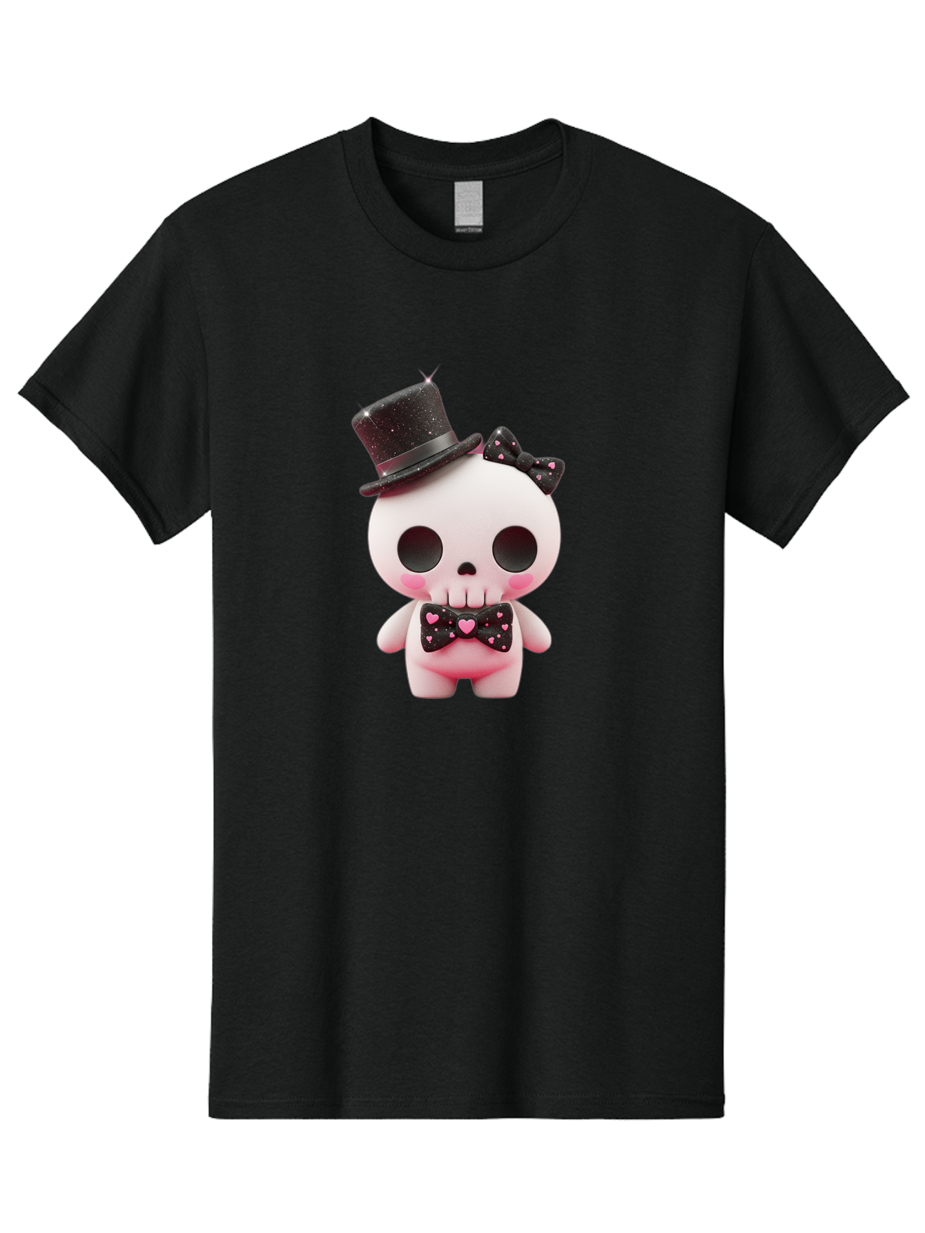 Skull-Kid Men'S Graphic Tee, 100% Cotton, Comfortable Casual Summer Wear, Machine Washable, Cute Skeleton Toy, Day Of The Dead Decoration, Sugar Skull Figurine, Black Top Hat, Bow Tie With Hearts, Pastel Colors, Quirky Collectible, Bad594