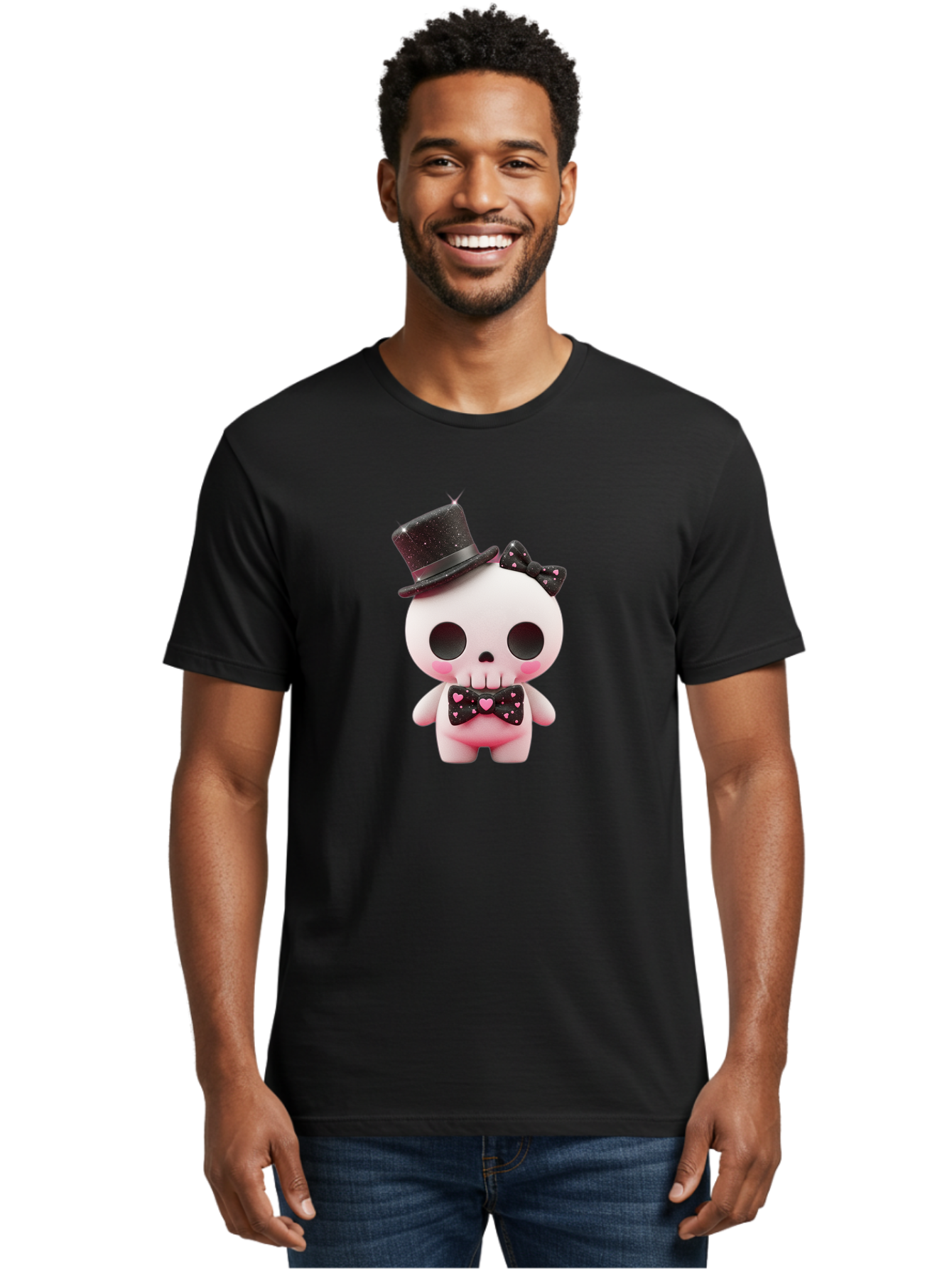 Skull-Kid Men'S Graphic Tee, 100% Cotton, Comfortable Casual Summer Wear, Machine Washable, Cute Skeleton Toy, Day Of The Dead Decoration, Sugar Skull Figurine, Black Top Hat, Bow Tie With Hearts, Pastel Colors, Quirky Collectible, Bad594