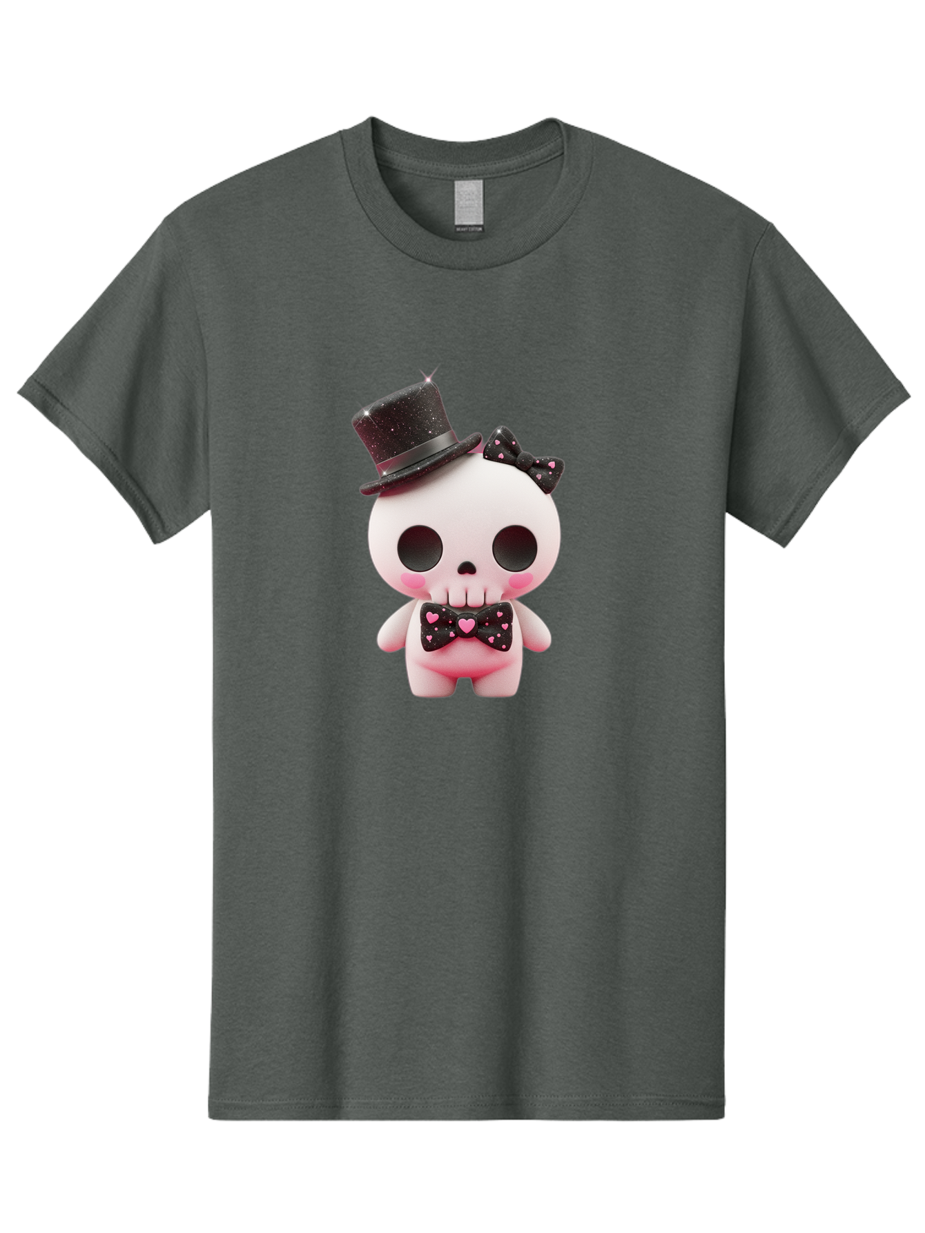 Skull-Kid Men'S Graphic Tee, 100% Cotton, Comfortable Casual Summer Wear, Machine Washable, Cute Skeleton Toy, Day Of The Dead Decoration, Sugar Skull Figurine, Black Top Hat, Bow Tie With Hearts, Pastel Colors, Quirky Collectible, Bad594