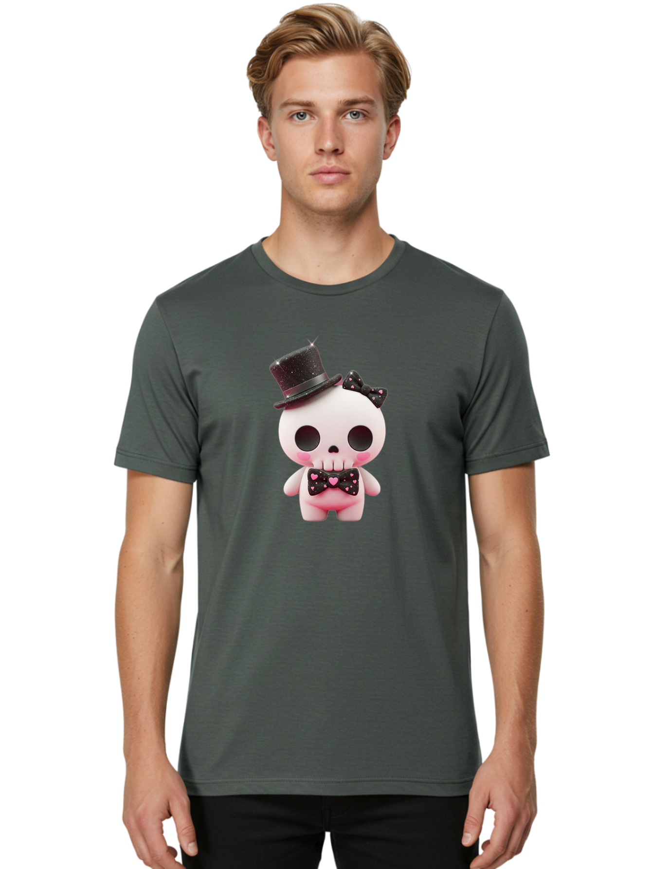 Skull-Kid Men'S Graphic Tee, 100% Cotton, Comfortable Casual Summer Wear, Machine Washable, Cute Skeleton Toy, Day Of The Dead Decoration, Sugar Skull Figurine, Black Top Hat, Bow Tie With Hearts, Pastel Colors, Quirky Collectible, Bad594