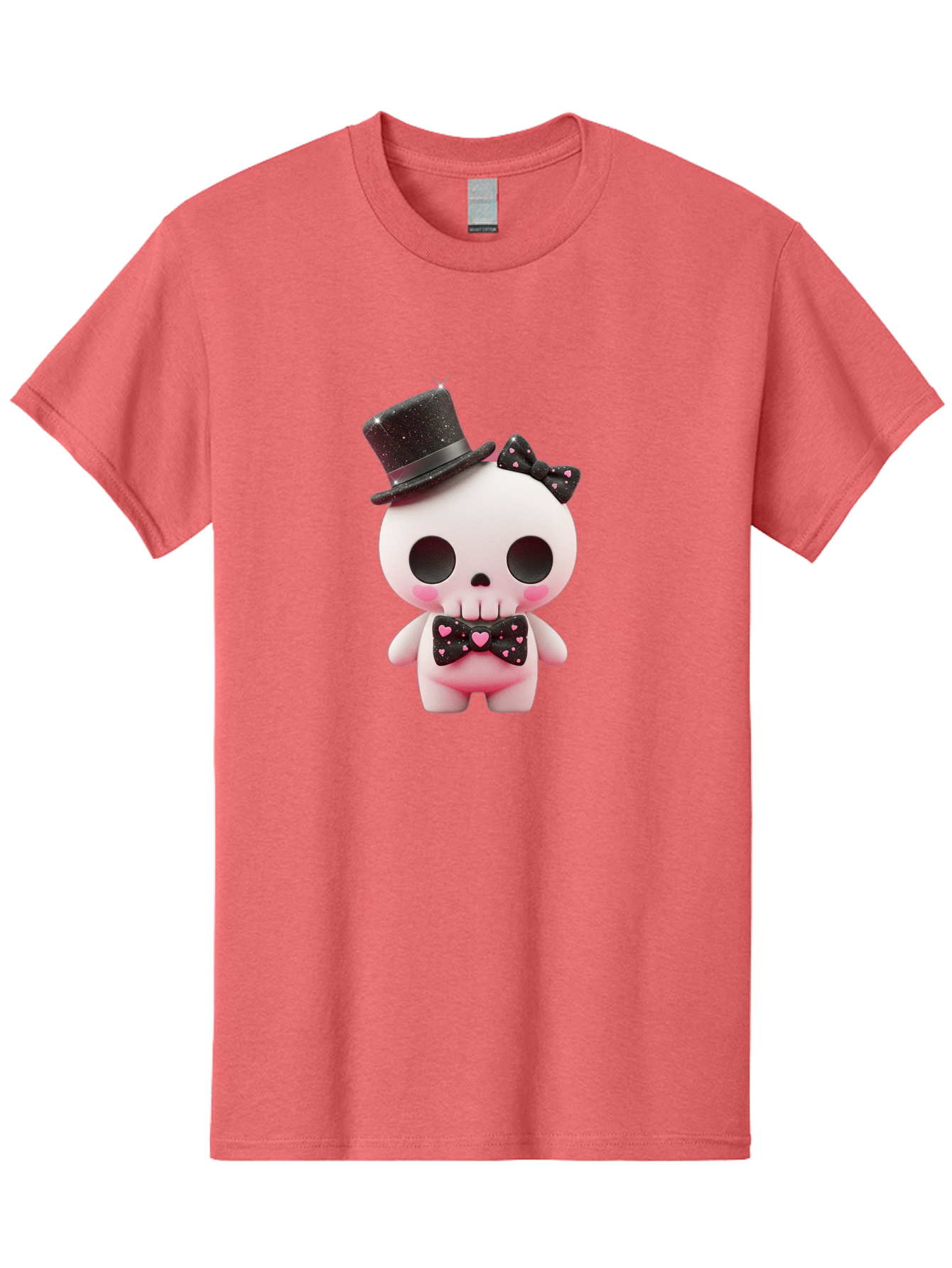 Skull-Kid Men'S Graphic Tee, 100% Cotton, Comfortable Casual Summer Wear, Machine Washable, Cute Skeleton Toy, Day Of The Dead Decoration, Sugar Skull Figurine, Black Top Hat, Bow Tie With Hearts, Pastel Colors, Quirky Collectible, Bad594