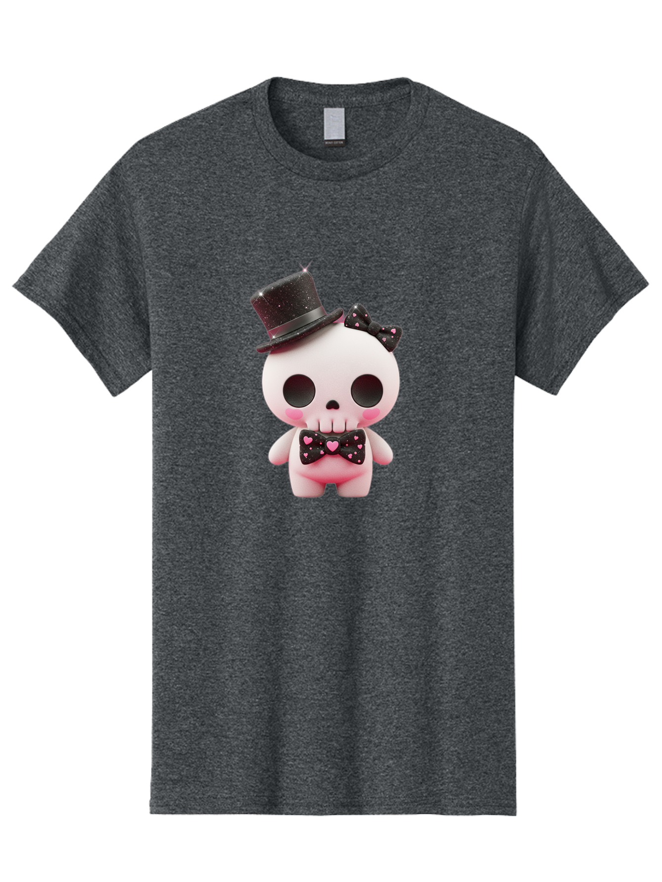 Skull-Kid Men'S Graphic Tee, 100% Cotton, Comfortable Casual Summer Wear, Machine Washable, Cute Skeleton Toy, Day Of The Dead Decoration, Sugar Skull Figurine, Black Top Hat, Bow Tie With Hearts, Pastel Colors, Quirky Collectible, Bad594
