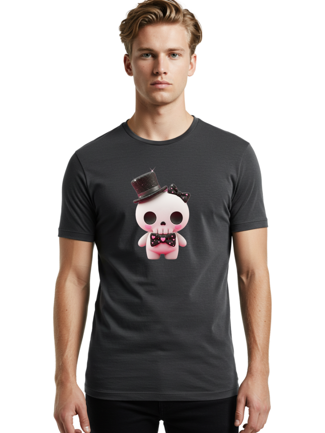 Skull-Kid Men'S Graphic Tee, 100% Cotton, Comfortable Casual Summer Wear, Machine Washable, Cute Skeleton Toy, Day Of The Dead Decoration, Sugar Skull Figurine, Black Top Hat, Bow Tie With Hearts, Pastel Colors, Quirky Collectible, Bad594