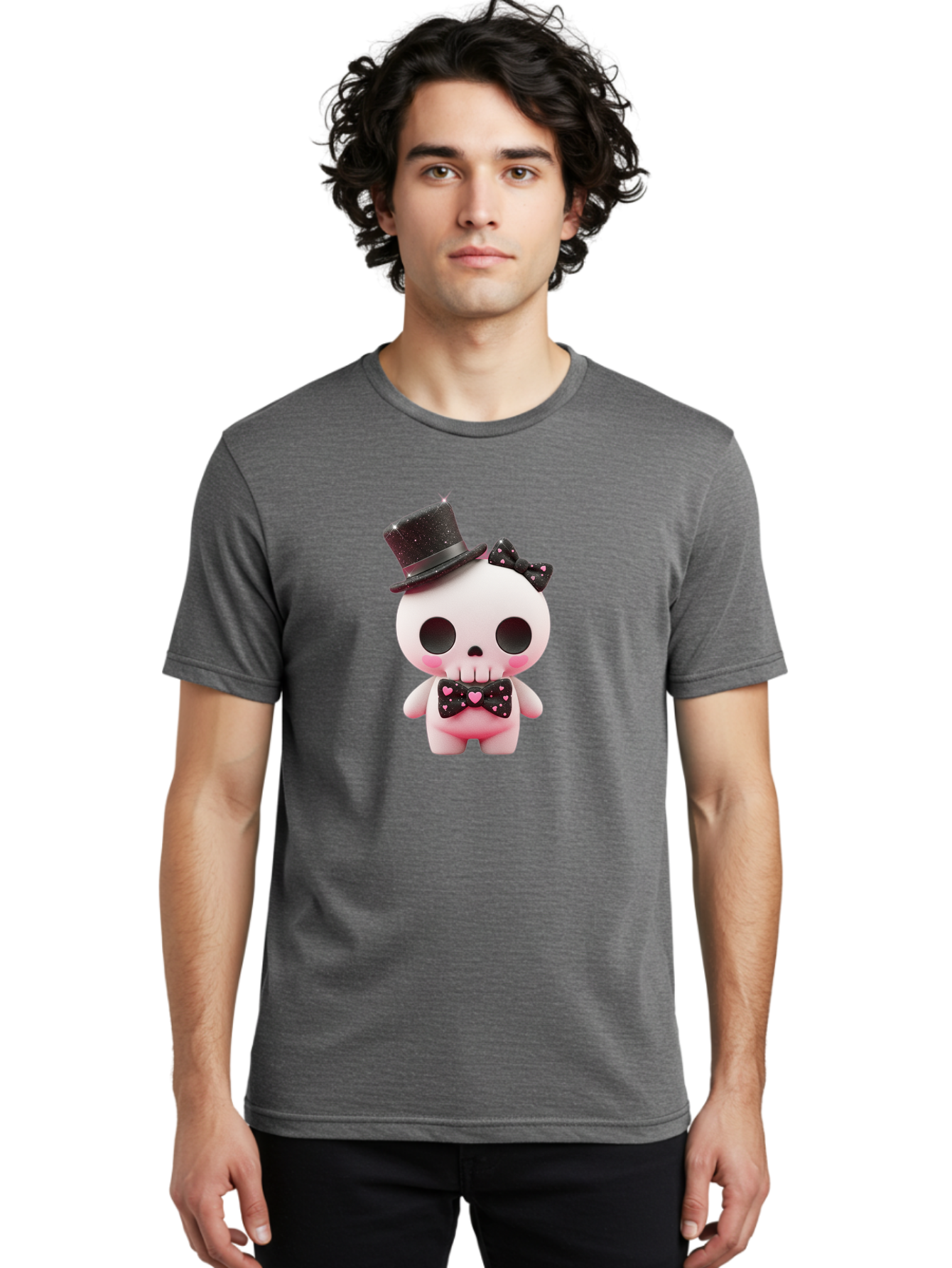 Skull-Kid Men'S Graphic Tee, 100% Cotton, Comfortable Casual Summer Wear, Machine Washable, Cute Skeleton Toy, Day Of The Dead Decoration, Sugar Skull Figurine, Black Top Hat, Bow Tie With Hearts, Pastel Colors, Quirky Collectible, Bad594