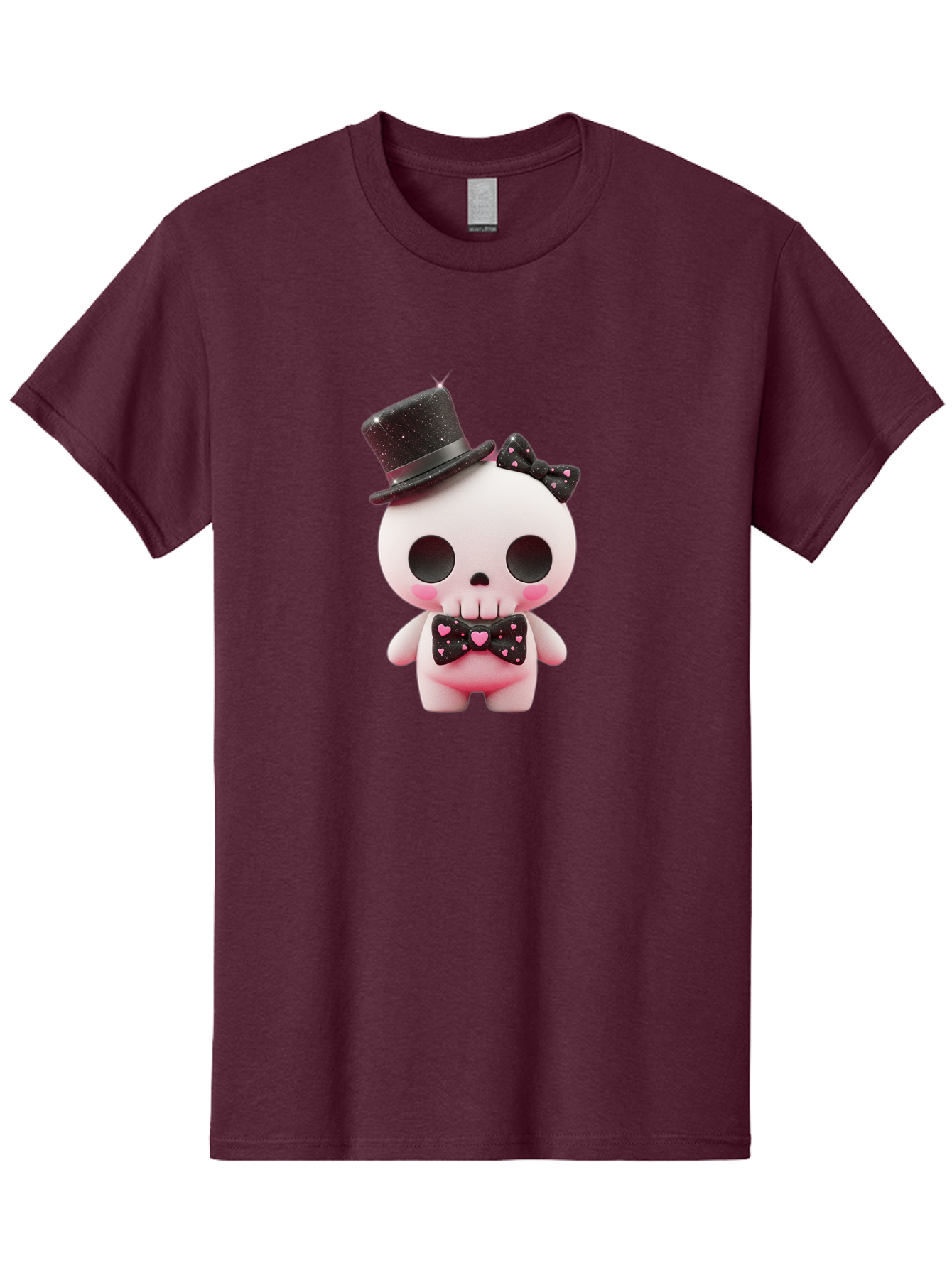 Skull-Kid Men'S Graphic Tee, 100% Cotton, Comfortable Casual Summer Wear, Machine Washable, Cute Skeleton Toy, Day Of The Dead Decoration, Sugar Skull Figurine, Black Top Hat, Bow Tie With Hearts, Pastel Colors, Quirky Collectible, Bad594