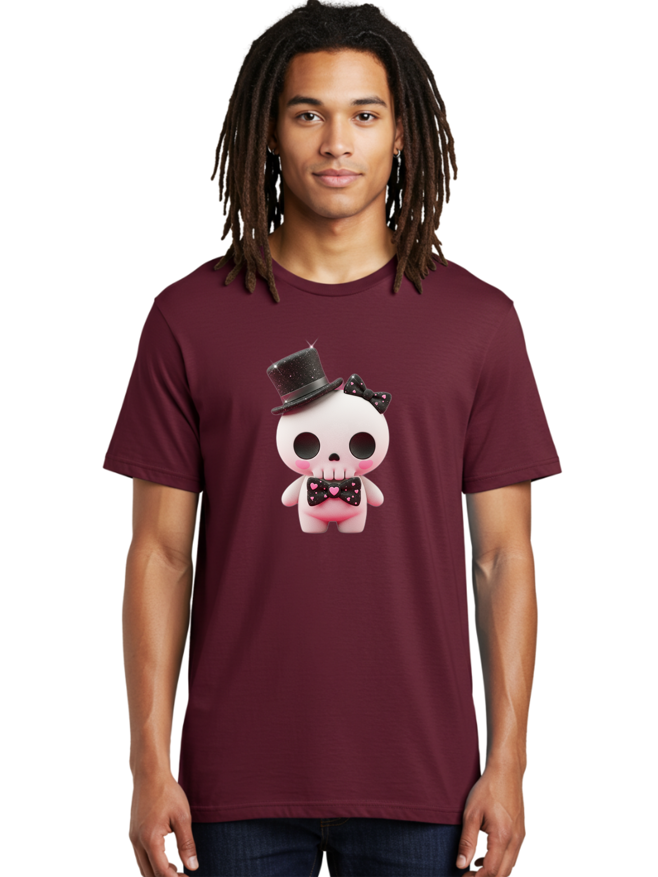 Skull-Kid Men'S Graphic Tee, 100% Cotton, Comfortable Casual Summer Wear, Machine Washable, Cute Skeleton Toy, Day Of The Dead Decoration, Sugar Skull Figurine, Black Top Hat, Bow Tie With Hearts, Pastel Colors, Quirky Collectible, Bad594