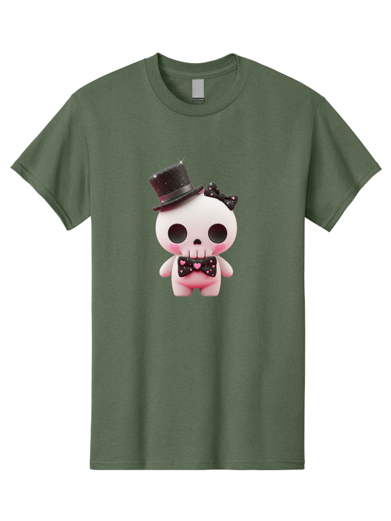 Skull-Kid Men'S Graphic Tee, 100% Cotton, Comfortable Casual Summer Wear, Machine Washable, Cute Skeleton Toy, Day Of The Dead Decoration, Sugar Skull Figurine, Black Top Hat, Bow Tie With Hearts, Pastel Colors, Quirky Collectible, Bad594