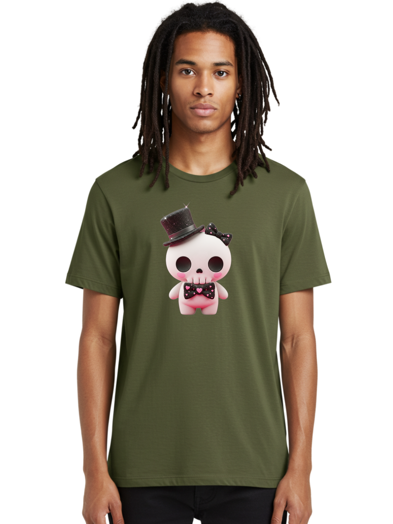 Skull-Kid Men'S Graphic Tee, 100% Cotton, Comfortable Casual Summer Wear, Machine Washable, Cute Skeleton Toy, Day Of The Dead Decoration, Sugar Skull Figurine, Black Top Hat, Bow Tie With Hearts, Pastel Colors, Quirky Collectible, Bad594